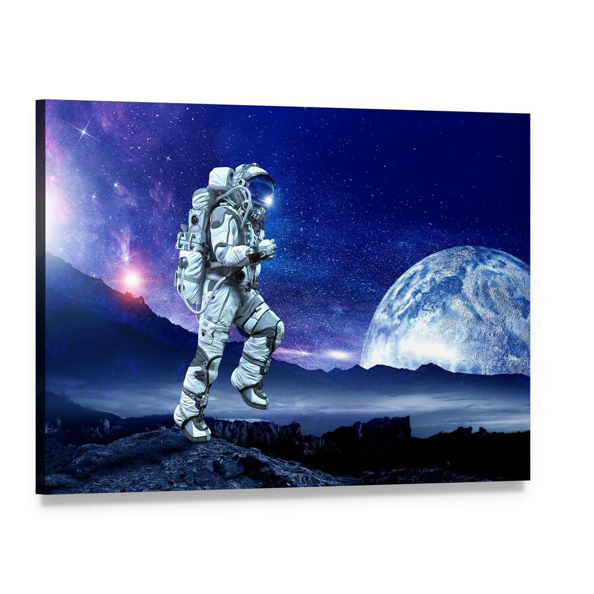 Astronaut Running Beneath a Large Moon Canvas Wall Art, single panel gallery wrapped canvas, angled product view
