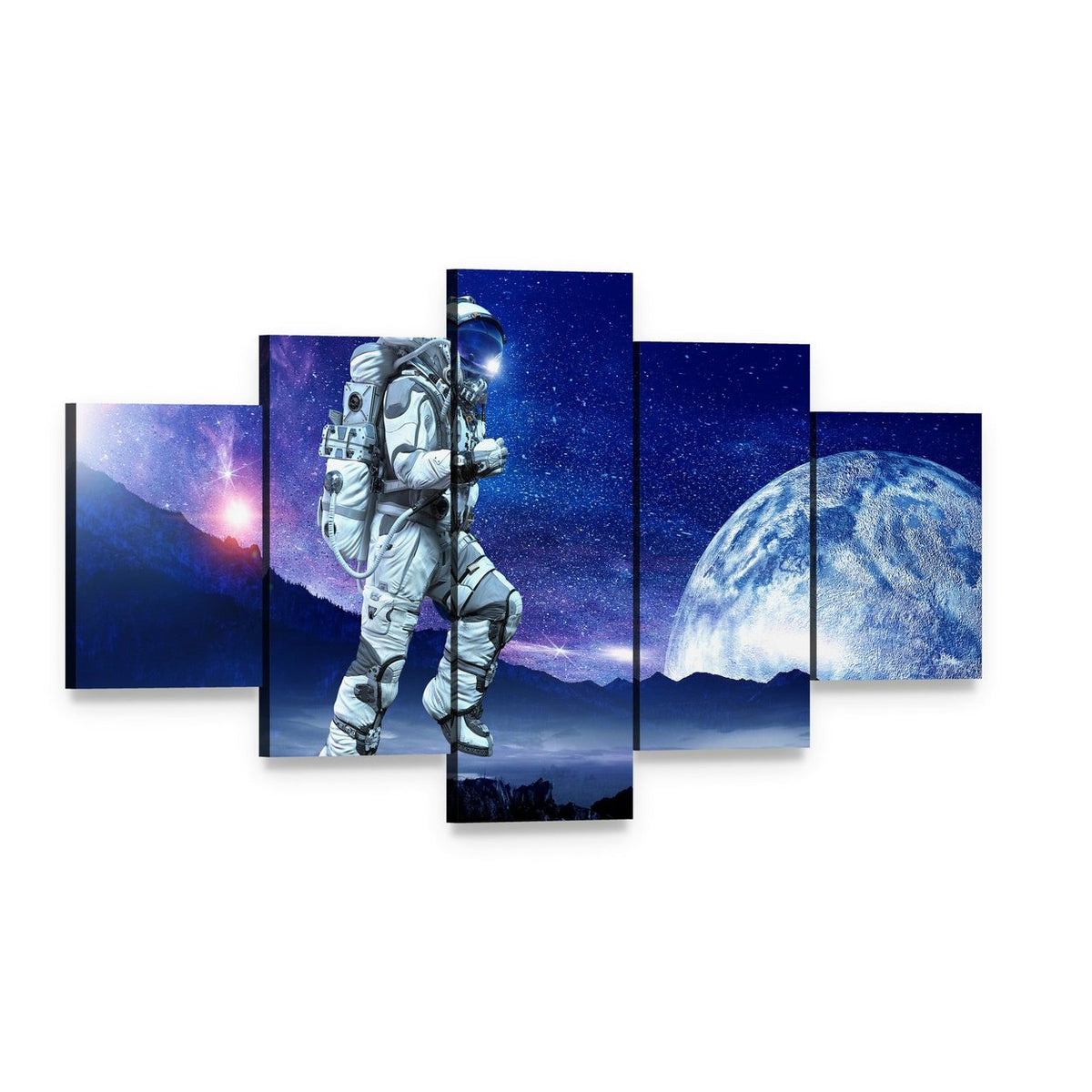 Astronaut Running Beneath a Large Moon Canvas Wall Art, 5 panel 5 Star layout gallery wrapped canvas set, angled product view