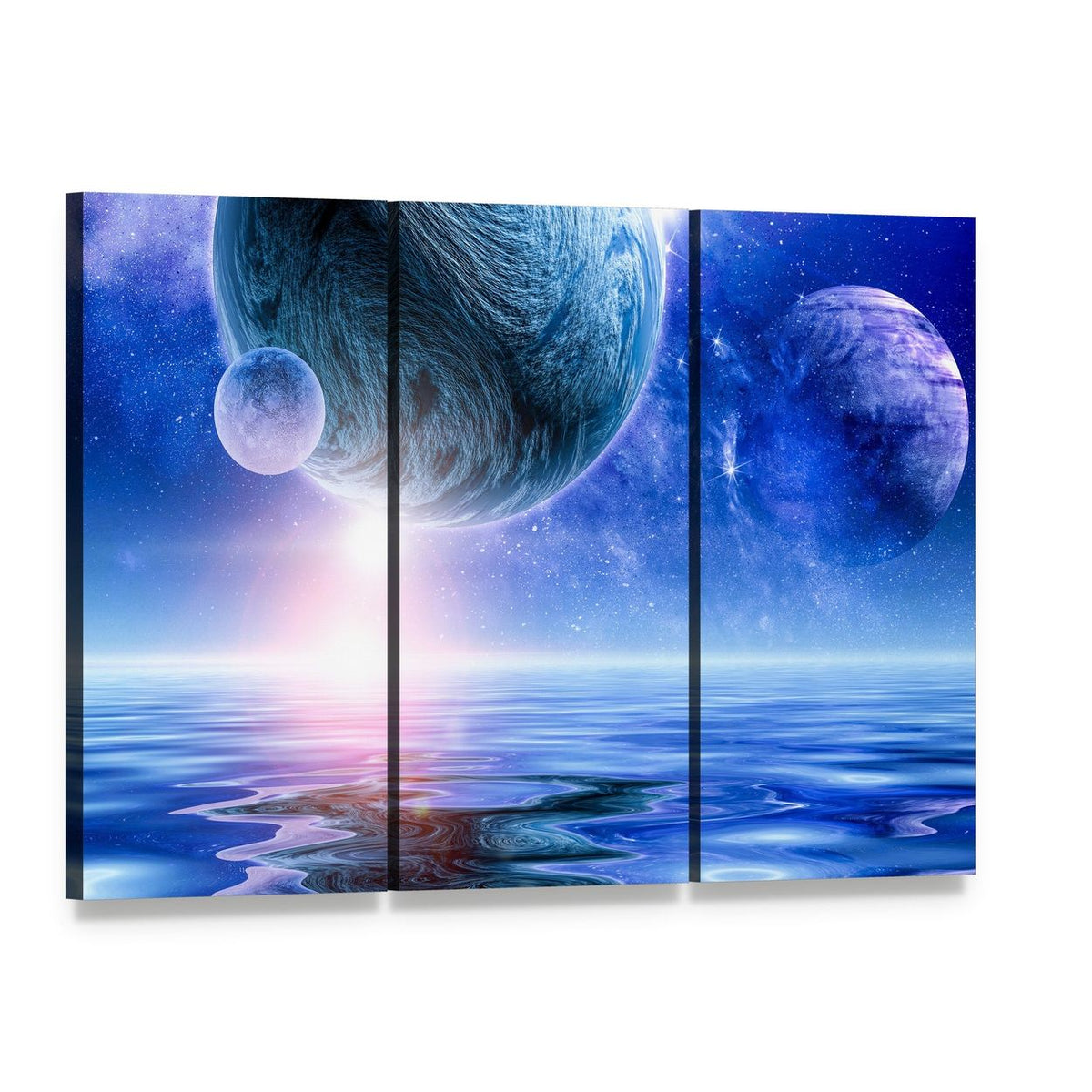 Glowing Planets Over Rippling Cosmic Water Canvas Wall Art, 3 panel 3 Horizontal layout gallery wrapped canvas set, angled product view