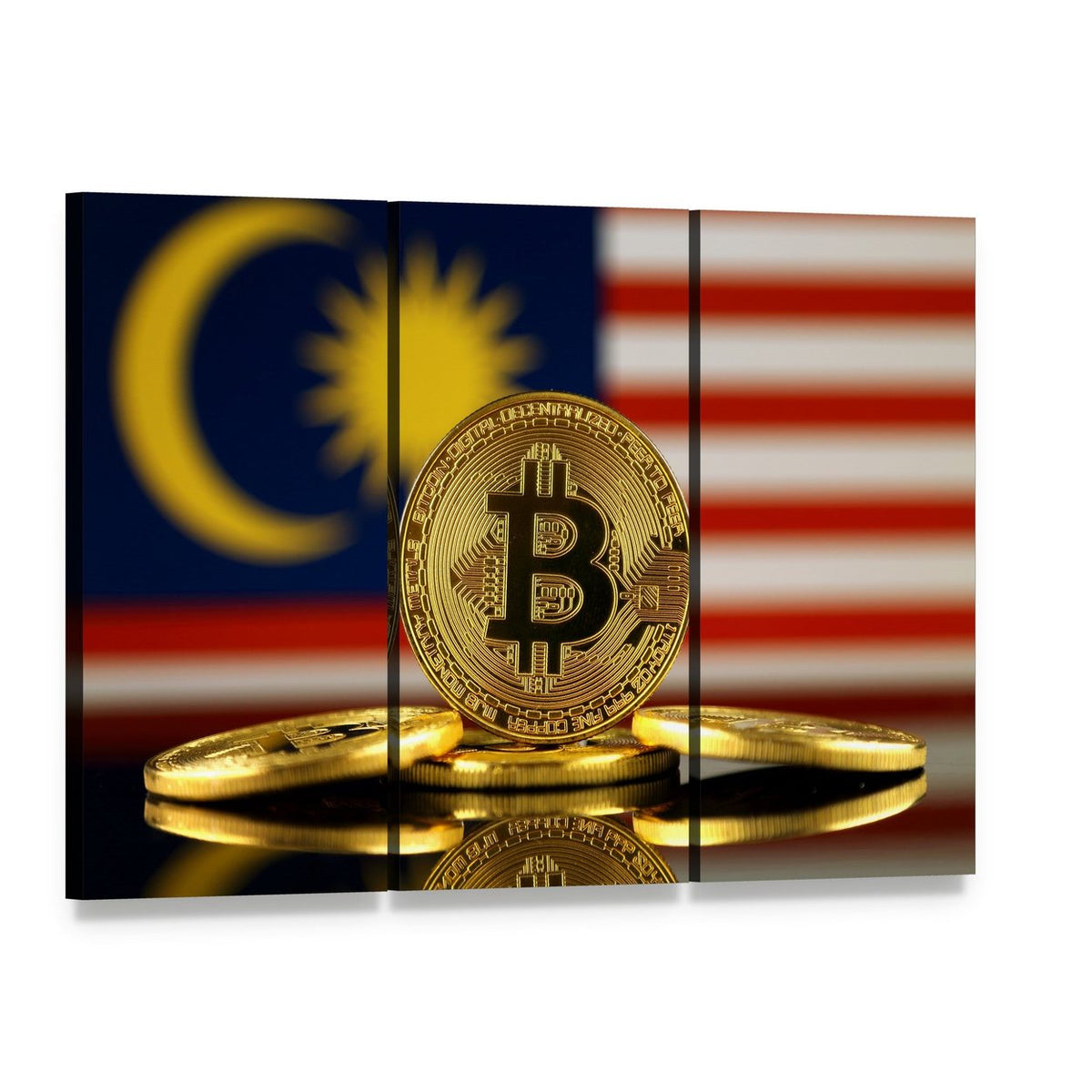 Bitcoin Coins with Malaysian Flag Canvas Wall Art, 3 panel 3 Horizontal layout gallery wrapped canvas set, angled product view