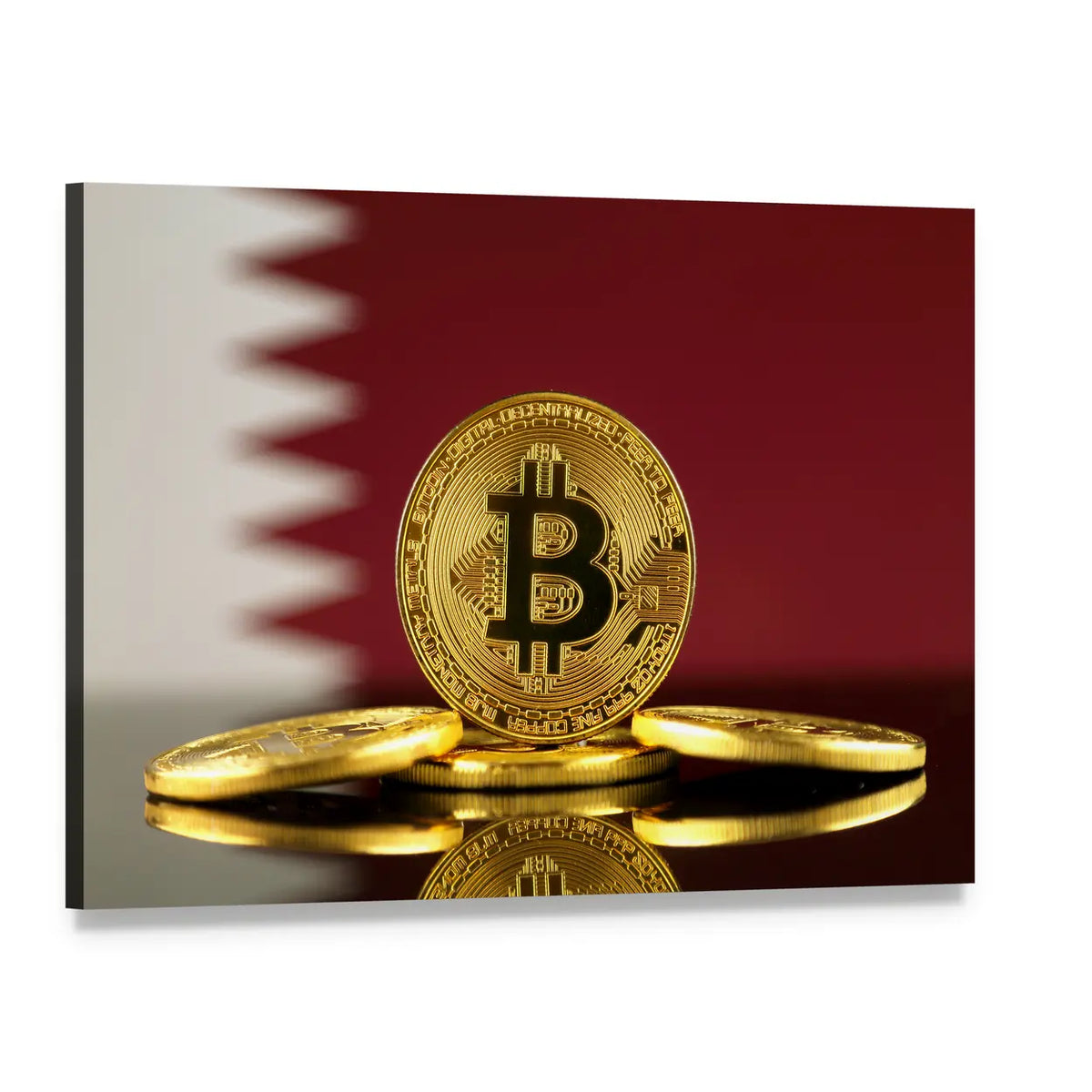 Gold Bitcoins on Qatar Flag Canvas Wall Art, single panel gallery wrapped canvas, angled product view