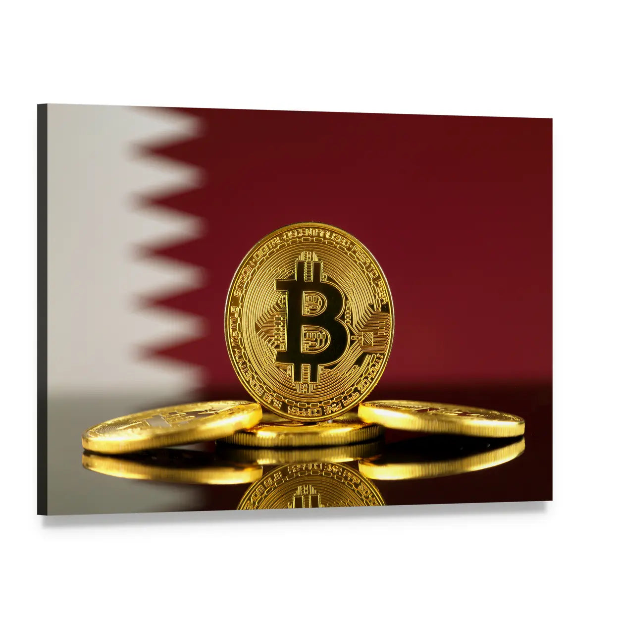 Gold Bitcoins on Qatar Flag Canvas Wall Art, single panel gallery wrapped canvas, angled product view