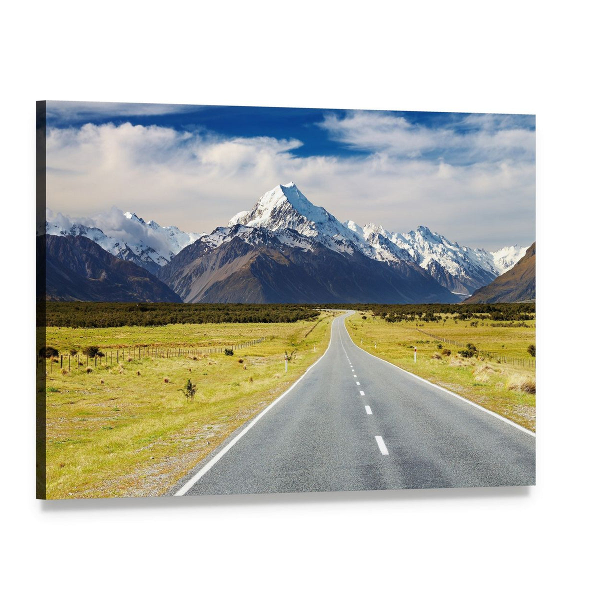 Road to Mount Cook Canvas Wall Art, single panel gallery wrapped canvas, angled product view