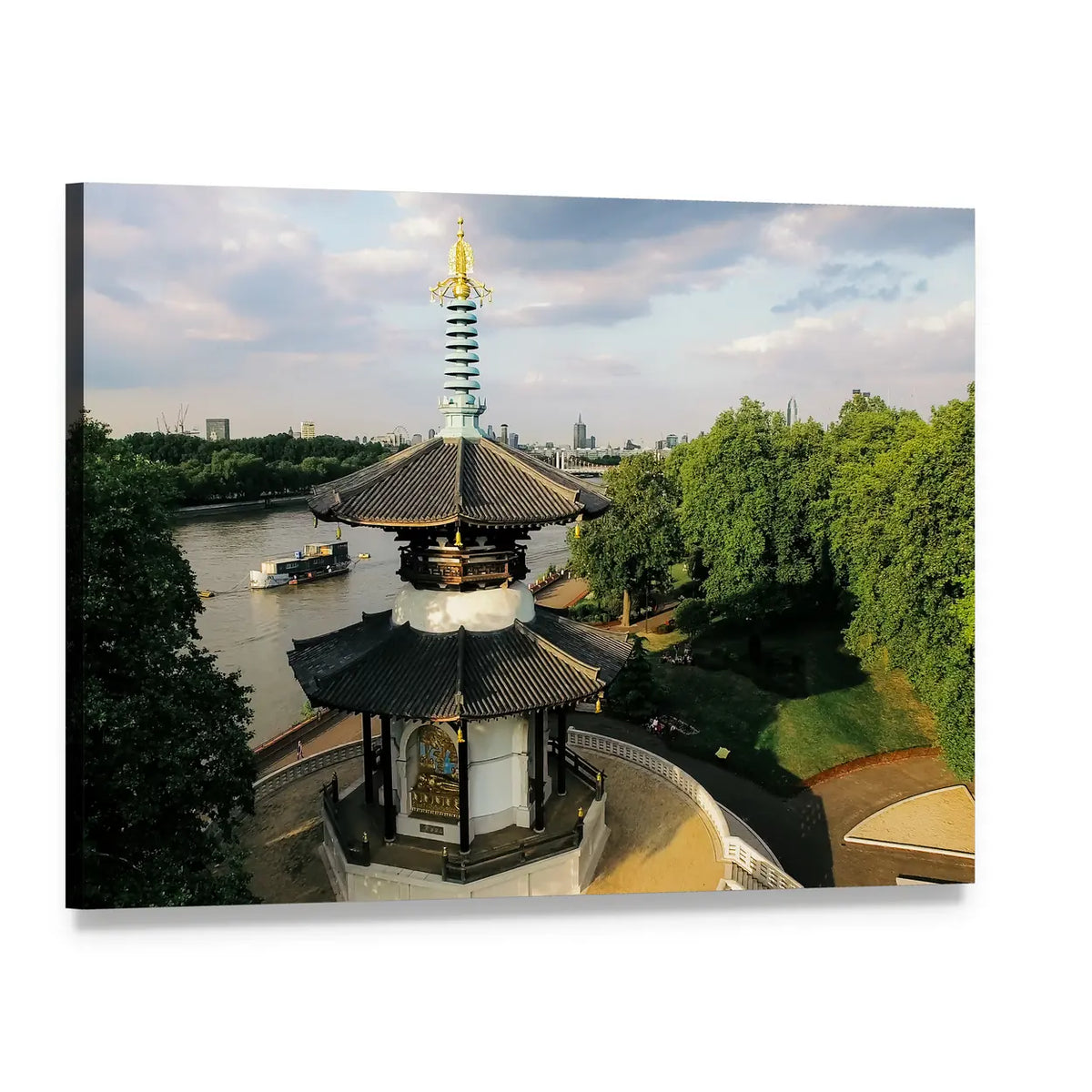 London Peace Pagoda Over River Canvas Wall Art, single panel gallery wrapped canvas, angled product view