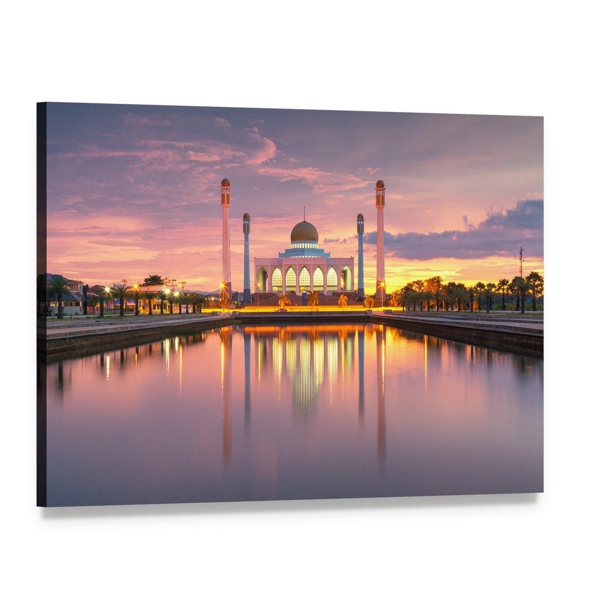Songkhla Mosque Sunset Reflection Canvas Wall Art, single panel gallery wrapped canvas, angled product view