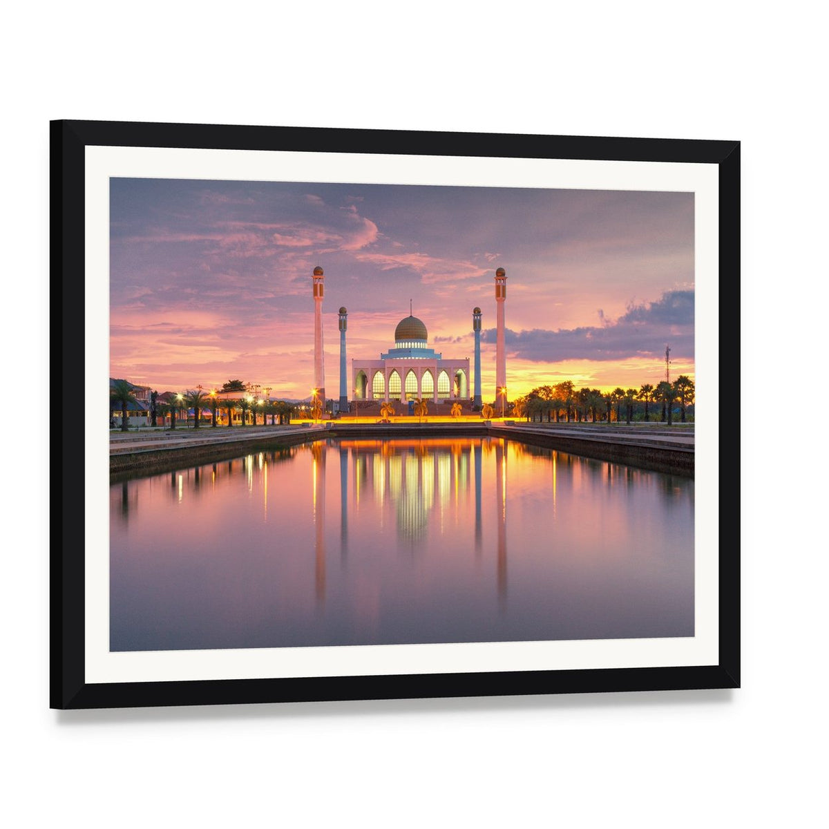 Songkhla Mosque Sunset Reflection Canvas Wall Art, framed print with white mat and black frame, angled product view