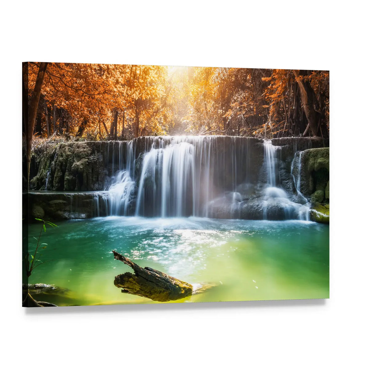 Tropical Waterfall Amid Autumn Trees Canvas Wall Art, single panel gallery wrapped canvas, angled product view