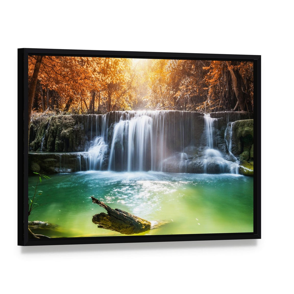Tropical Rainforest Waterfall Canvas Wall Art, framed canvas in a black floater frame, angled product view