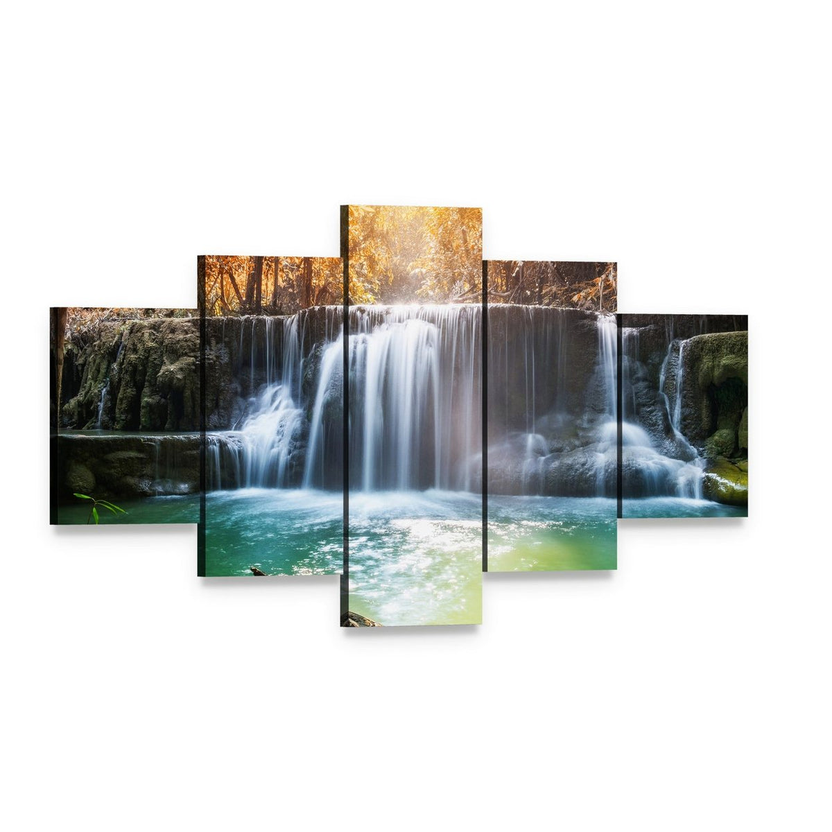 Tropical Rainforest Waterfall Canvas Wall Art, 5 panel 5 Star layout gallery wrapped canvas set, angled product view