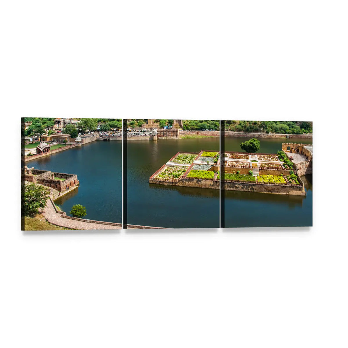 Maota Lake and Kesar Kyari Garden View Panoramic Canvas Wall Art, 3 panel 3 Piece layout gallery wrapped canvas set, angled product view