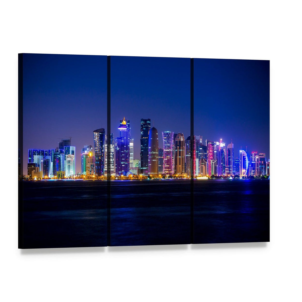 Doha Skyscrapers at Night Canvas Wall Art, 3 panel 3 Horizontal layout gallery wrapped canvas set, angled product view