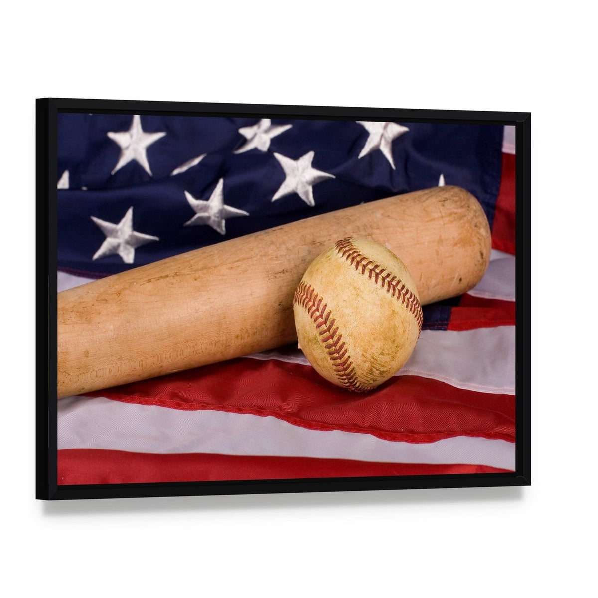 Baseball Bat with American Flag Canvas Wall Art, framed canvas in a black floater frame, angled product view