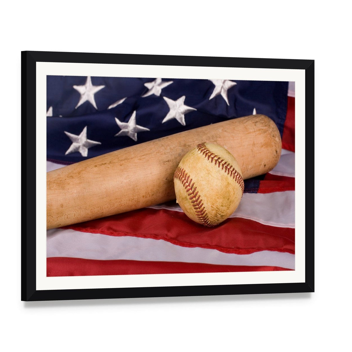 Baseball Bat with American Flag Canvas Wall Art, framed print with white mat and black frame, angled product view