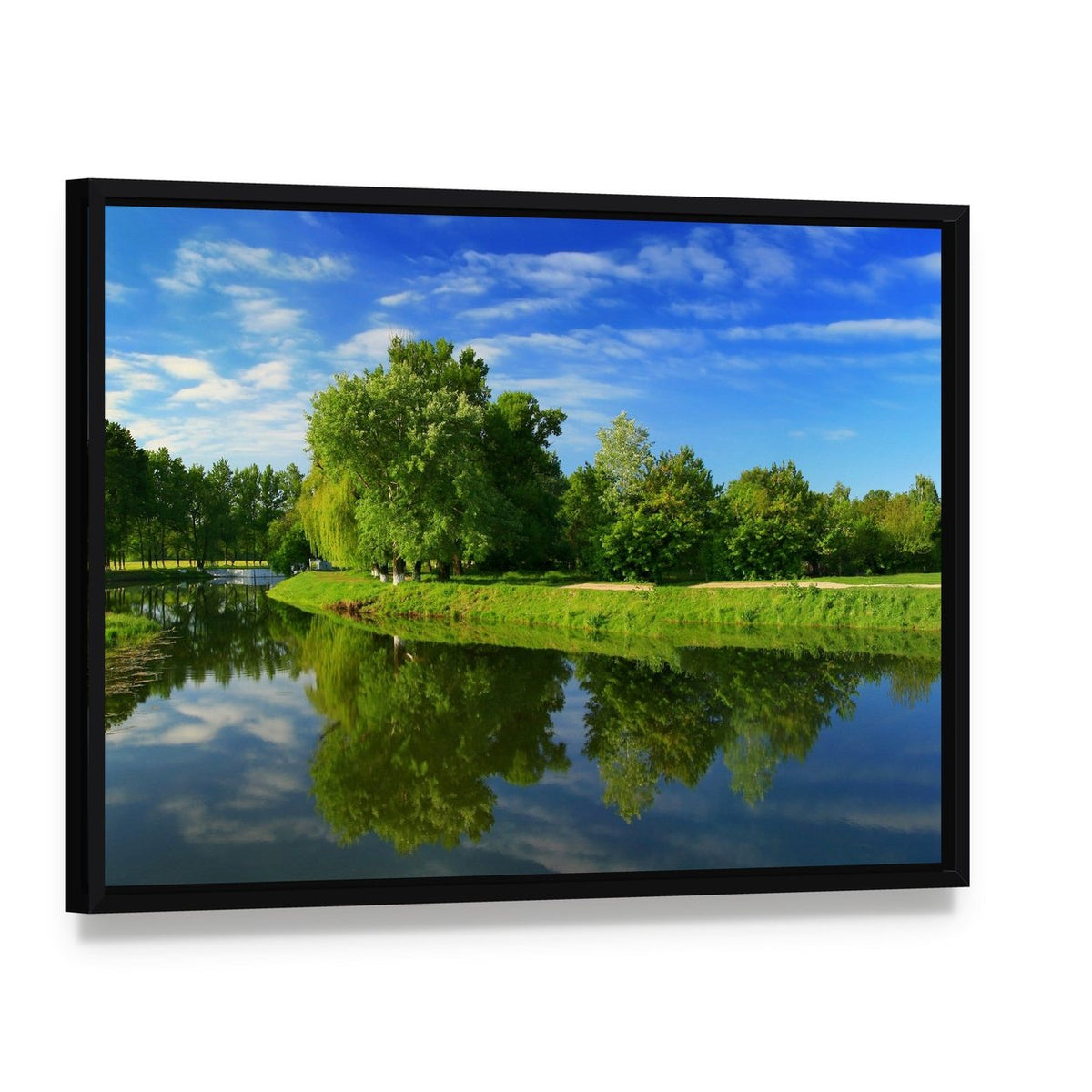 Green Fields with Lake Canvas Wall Art, framed canvas in a black floater frame, angled product view