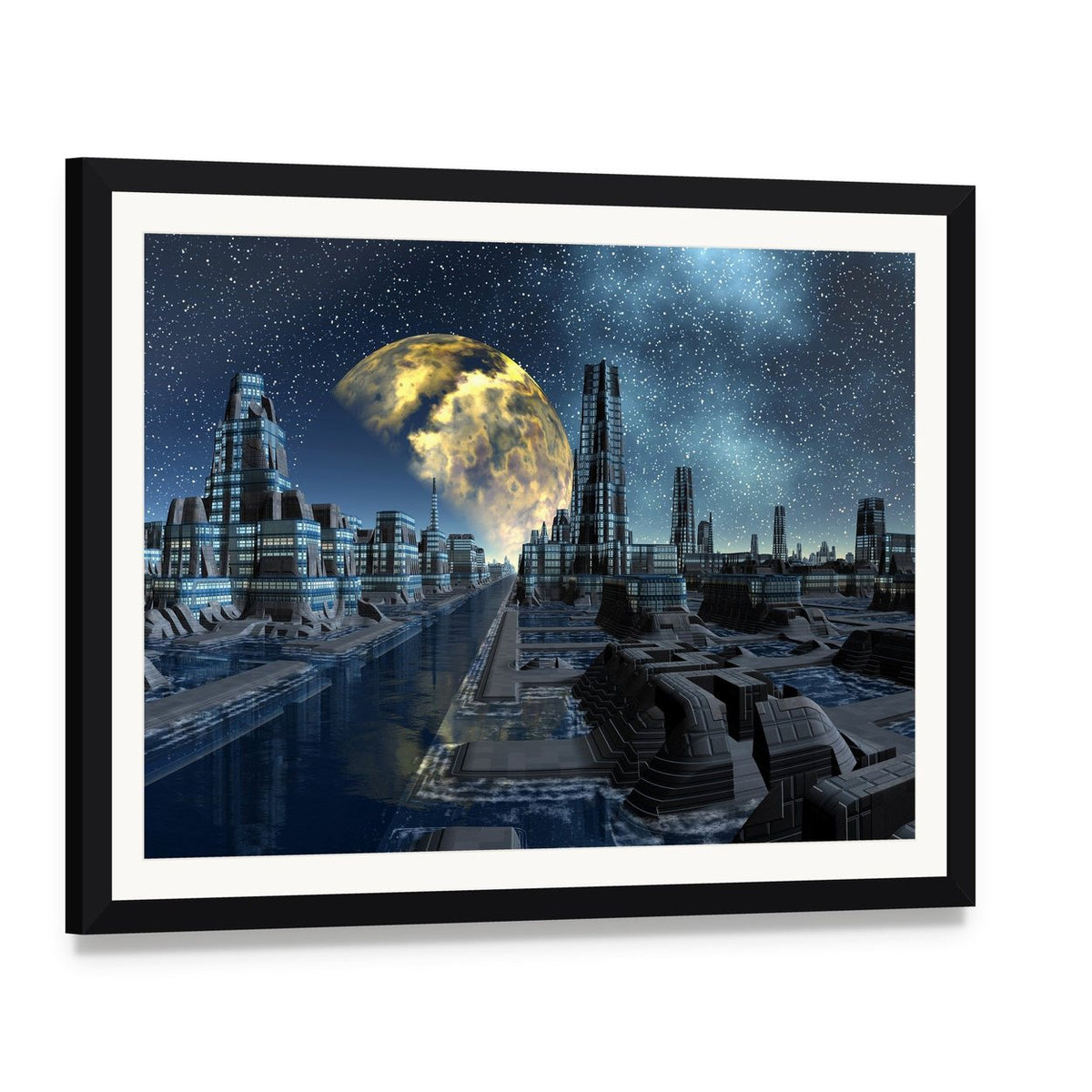 Futuristic Alien City Base Canvas Wall Art, framed print with white mat and black frame, angled product view