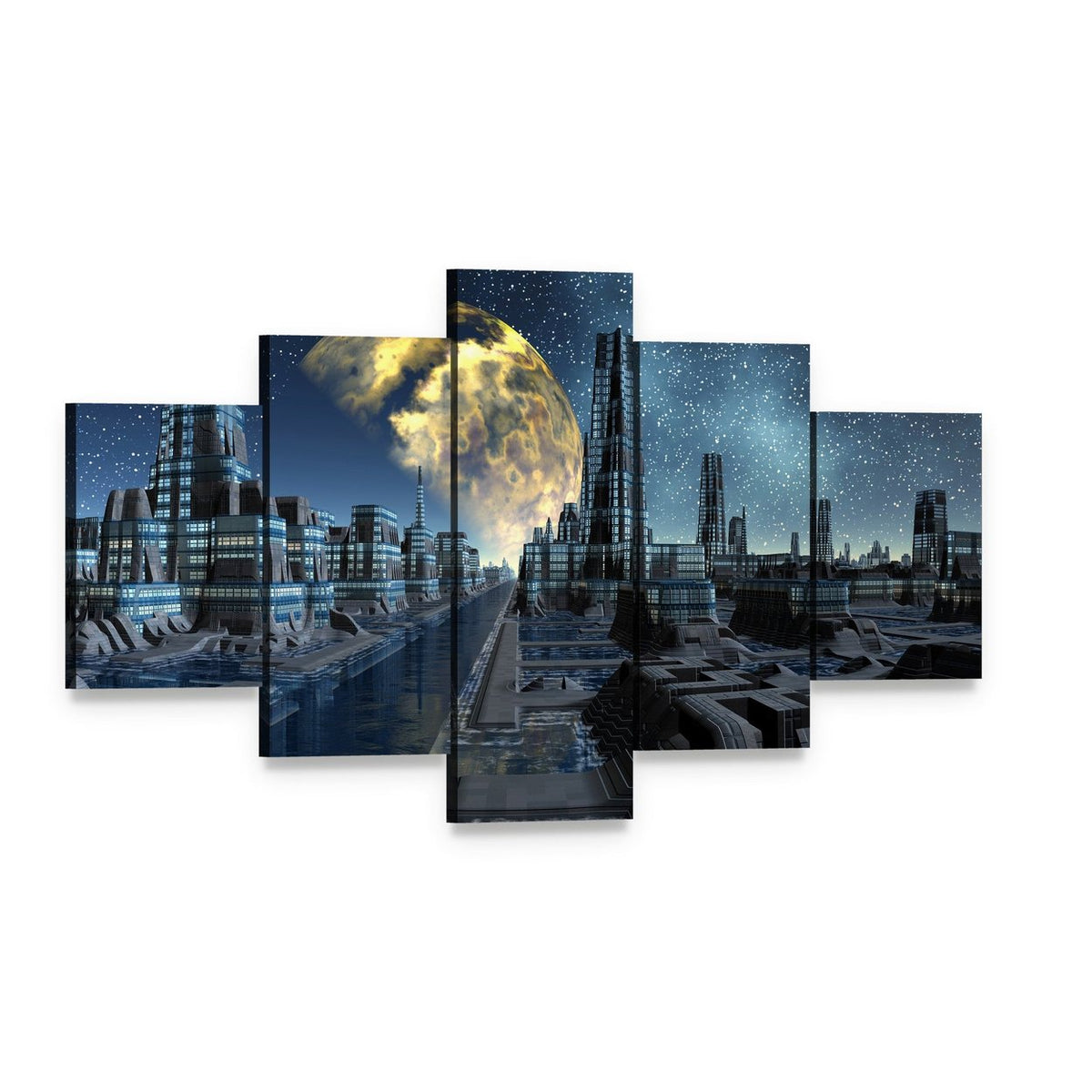 Futuristic Alien City Base Canvas Wall Art, 5 panel 5 Star layout gallery wrapped canvas set, angled product view