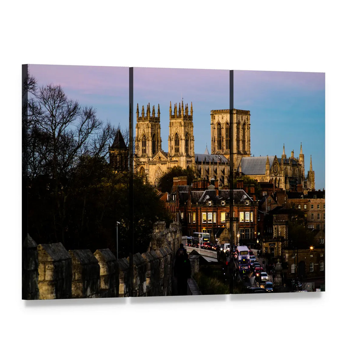 York Minster Gothic Cathedral at Dusk Canvas Wall Art, 3 panel 3 Horizontal layout gallery wrapped canvas set, angled product view