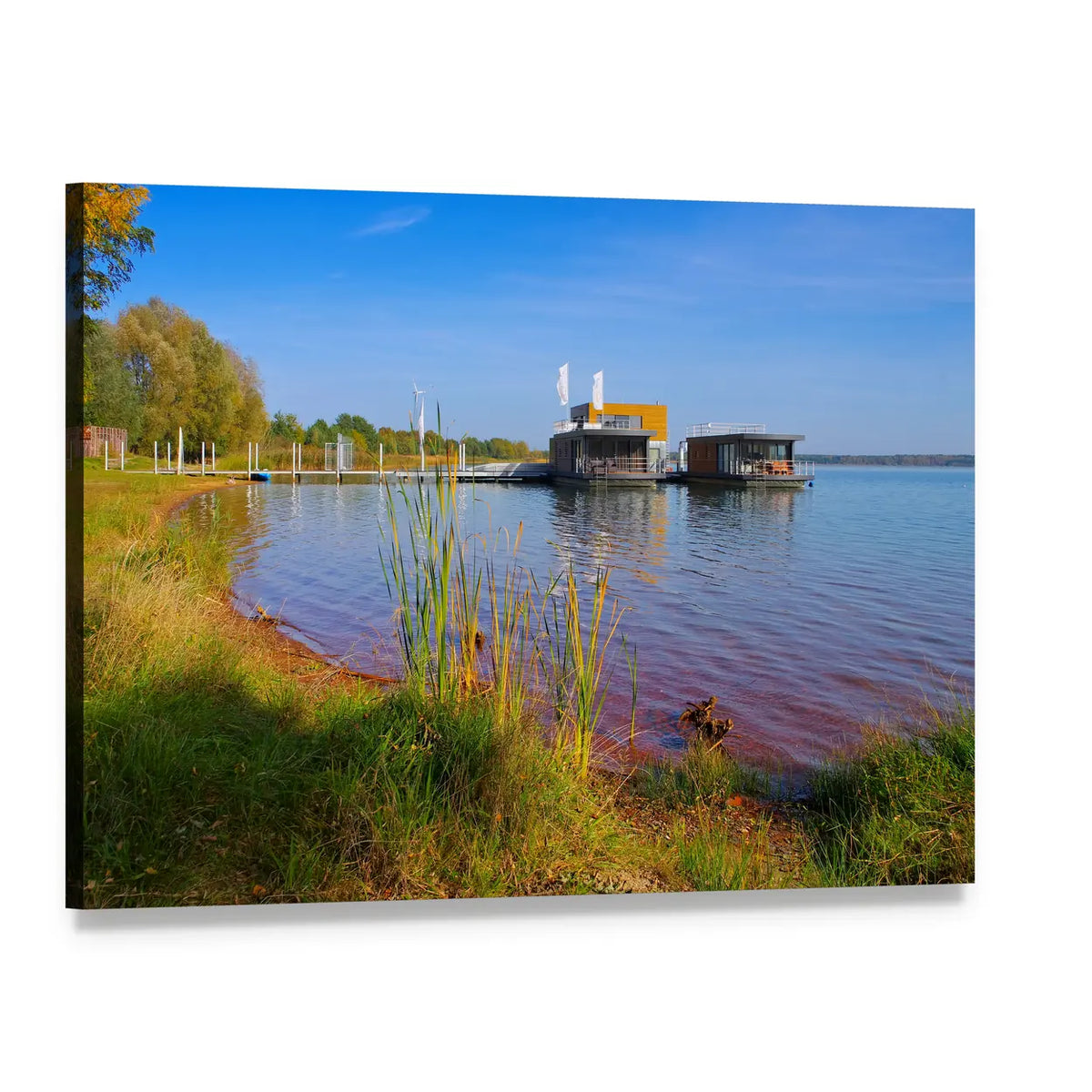 Laasow Swimming Houses on Sunny Lake Canvas Wall Art, single panel gallery wrapped canvas, angled product view