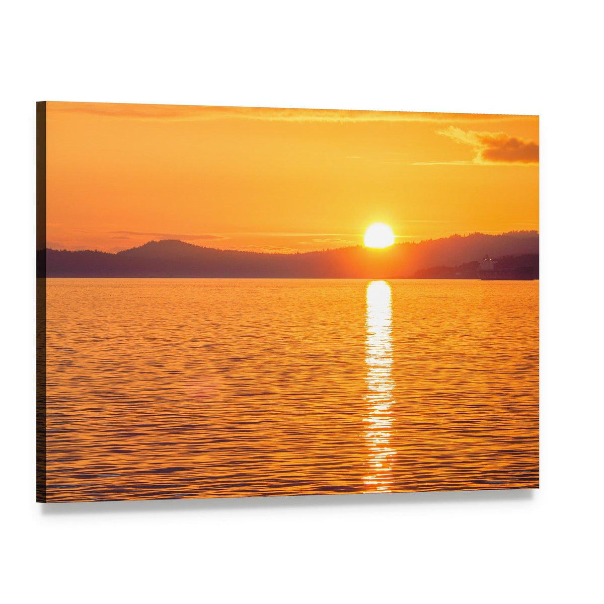 Sunset Over Ocean and Mountain Reflections Canvas Wall Art, single panel gallery wrapped canvas, angled product view