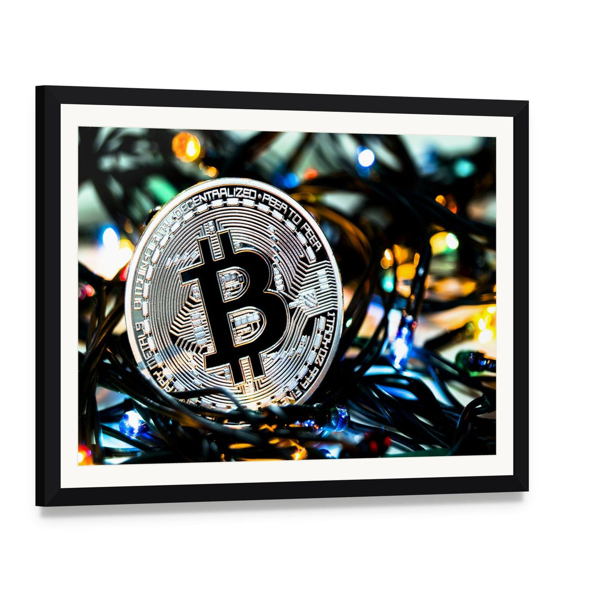 Silver Bitcoin Coin Close-up Canvas Wall Art, framed print with white mat and black frame, angled product view