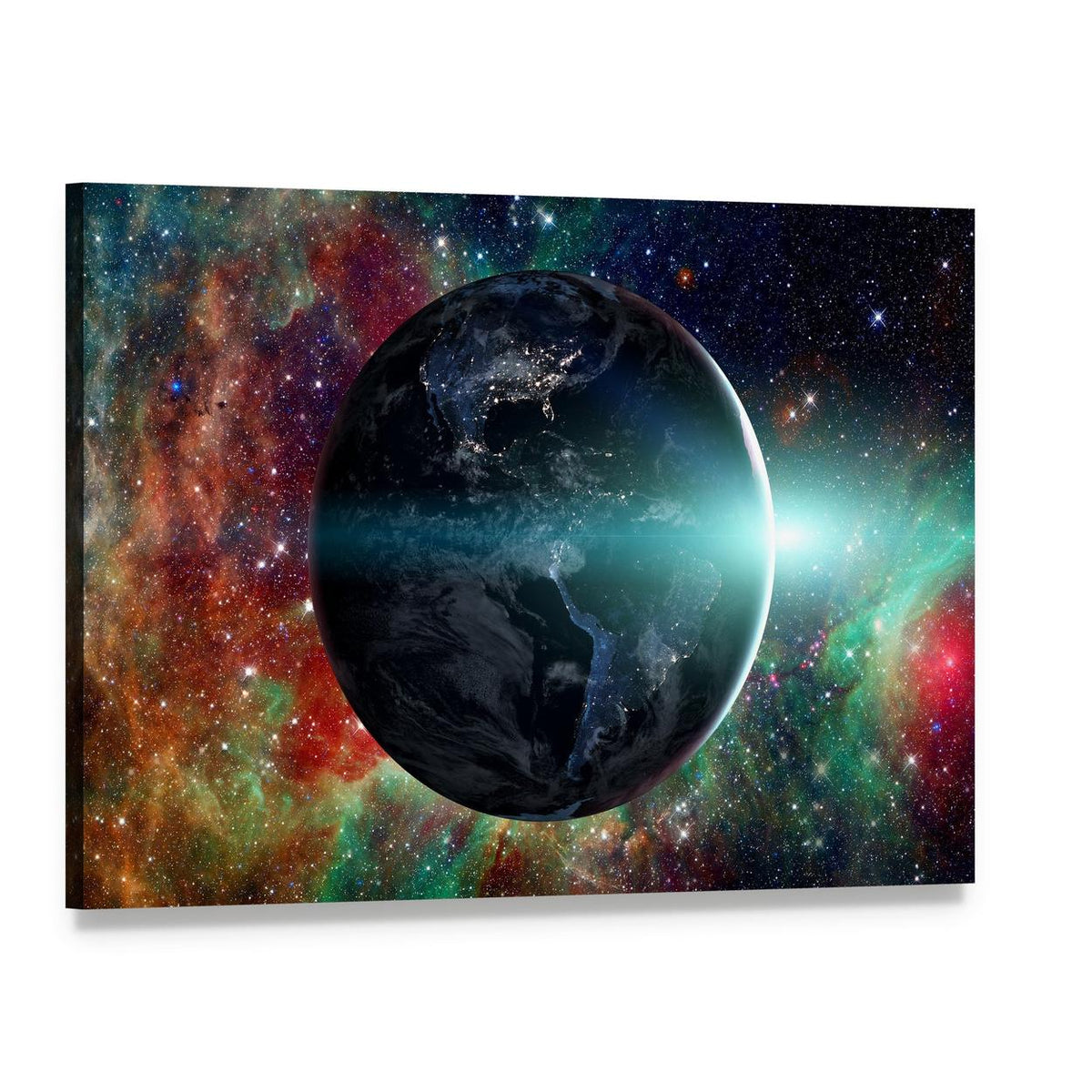 Illuminated Earth with Colorful Nebula Canvas Wall Art, single panel gallery wrapped canvas, angled product view