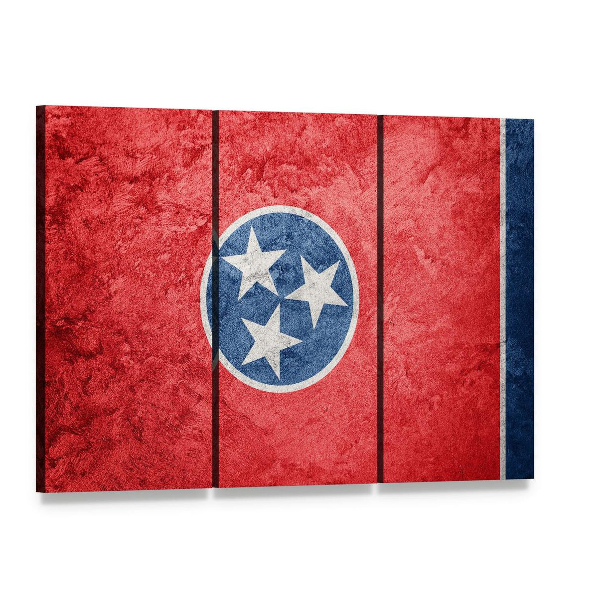 Grunge Tennessee Flag Canvas Wall Art, 3 panel 3 Horizontal layout gallery wrapped canvas set, angled product view
