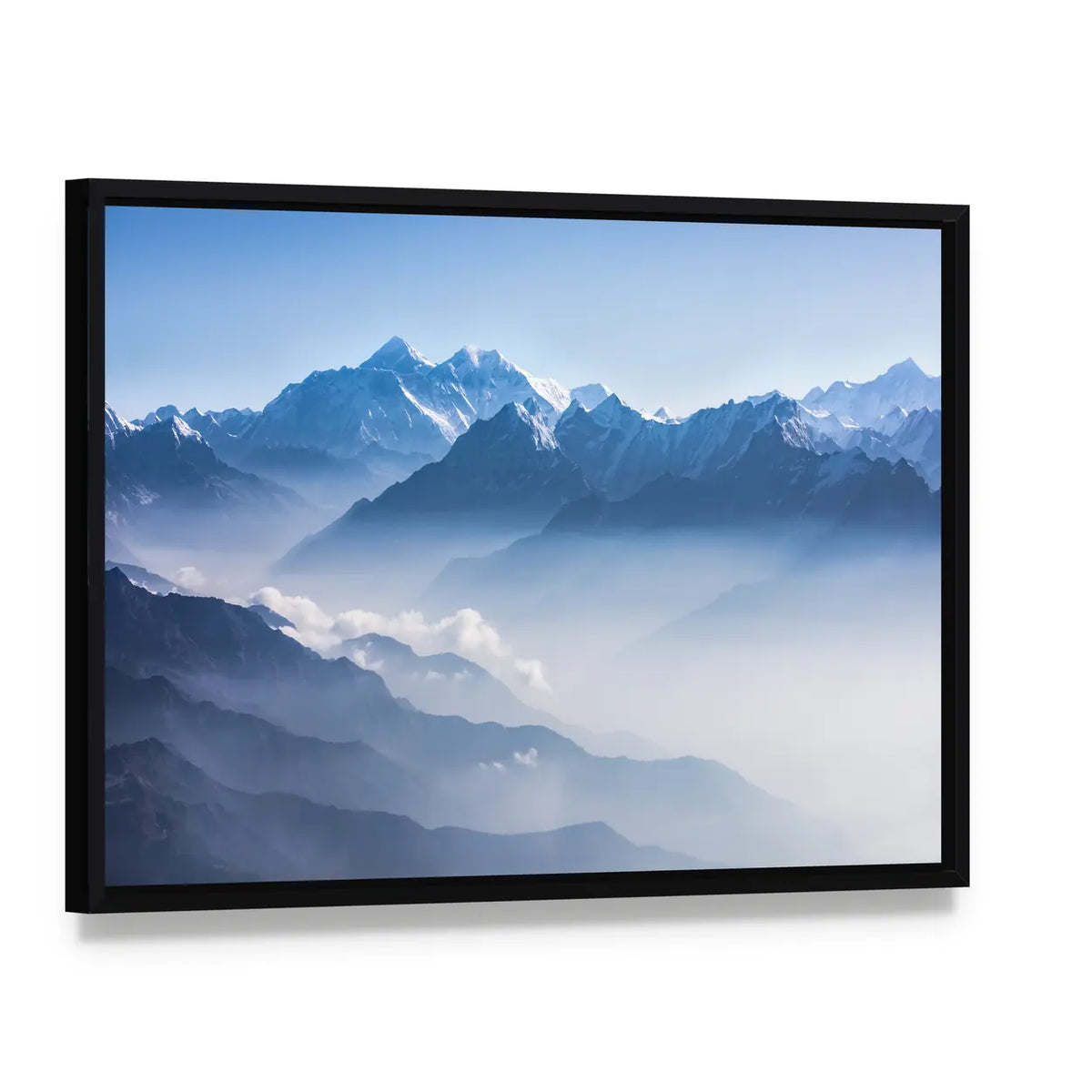 Daylight View of Mount Everest Canvas Wall Art, framed canvas in a black floater frame, angled product view