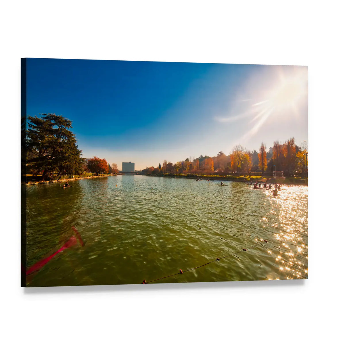 Winter Sun Over City Lake Canvas Wall Art, single panel gallery wrapped canvas, angled product view