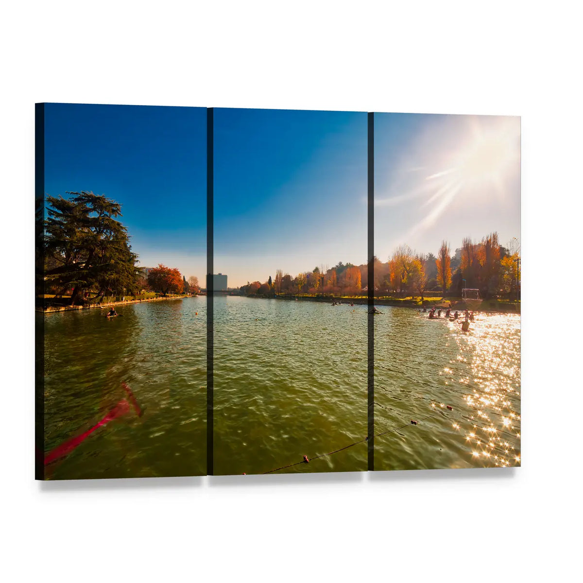 Winter Sun Over City Lake Canvas Wall Art, 3 panel 3 Horizontal layout gallery wrapped canvas set, angled product view