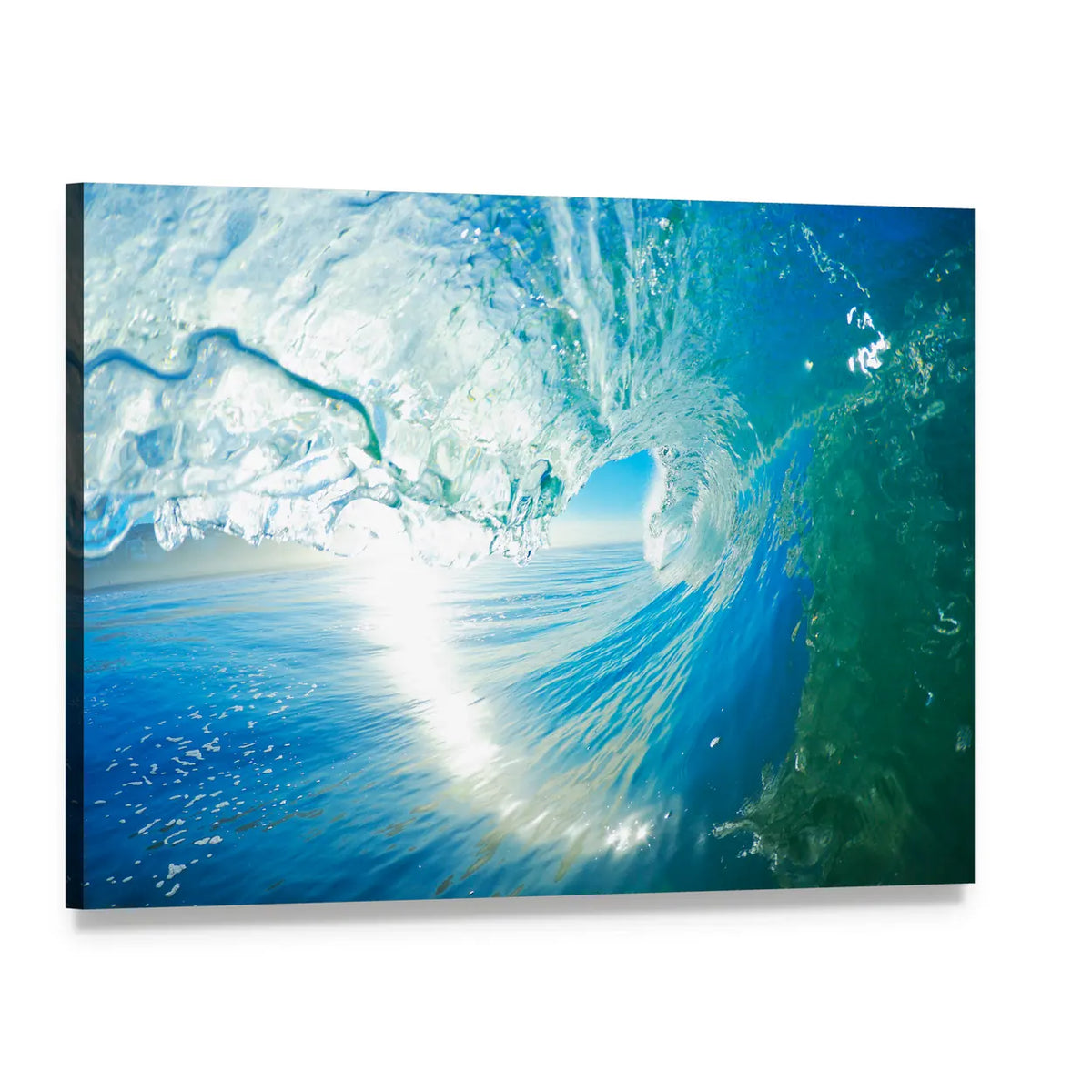 Inside a Turquoise Barrel Wave Canvas Wall Art, single panel gallery wrapped canvas, angled product view