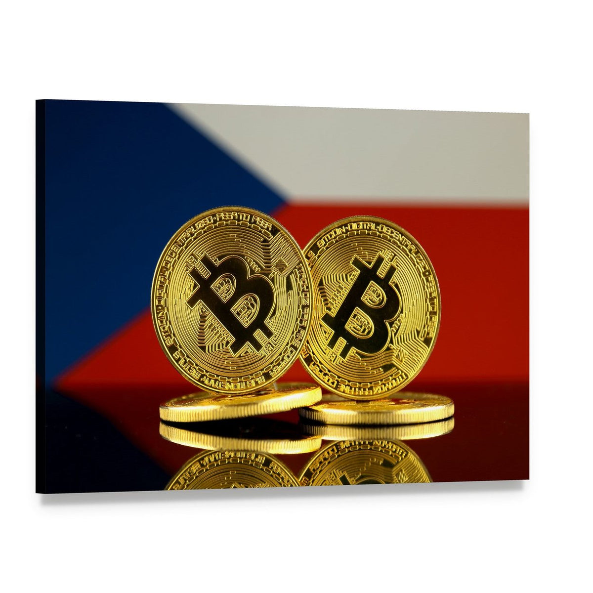Stacked Bitcoin Coins with Czech Flag Canvas Wall Art, single panel gallery wrapped canvas, angled product view