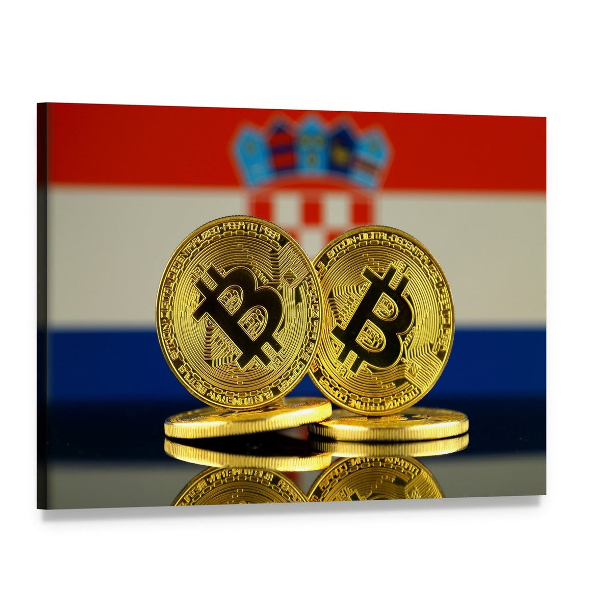 Croatian Flag with Bitcoin Coins Canvas Wall Art, single panel gallery wrapped canvas, angled product view