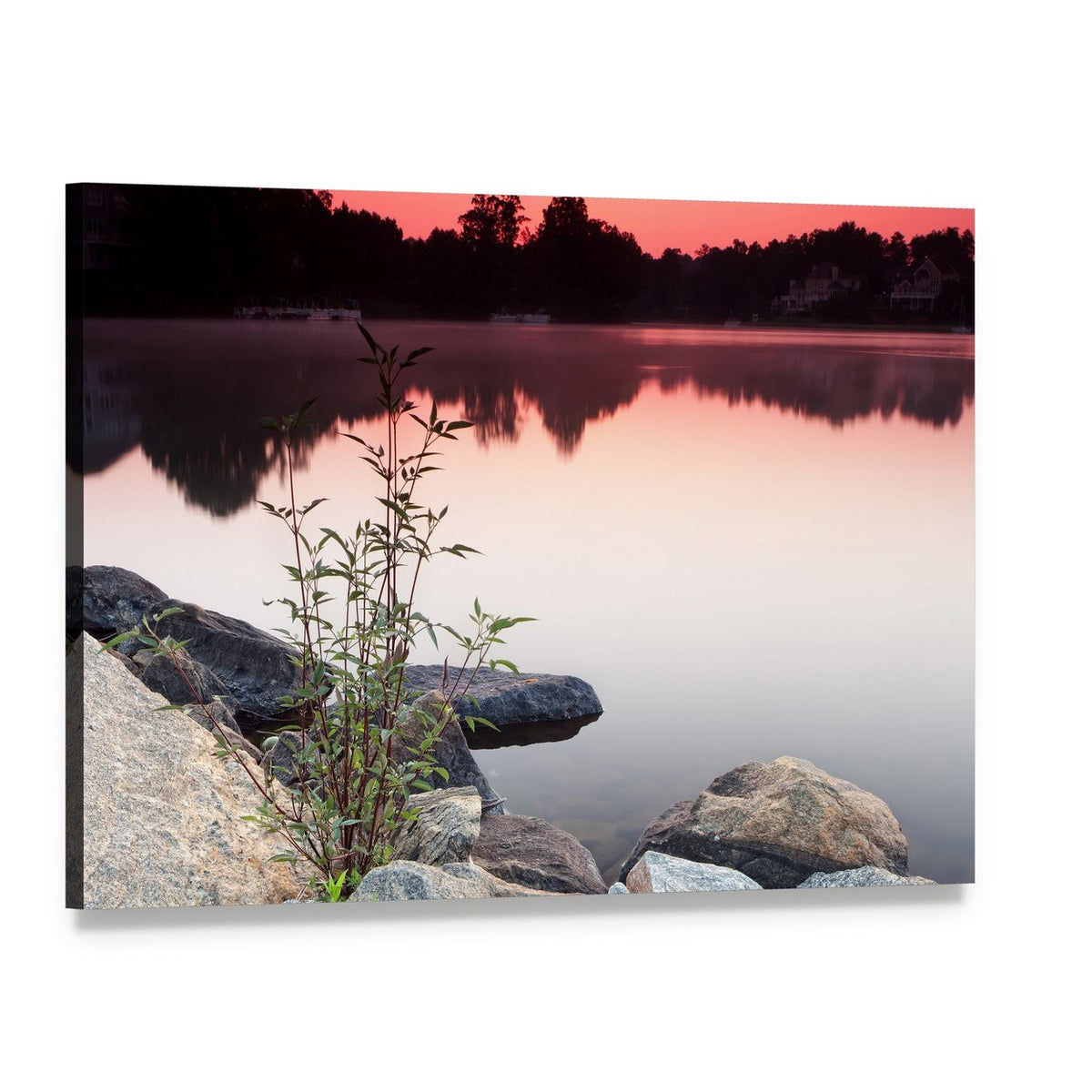 Sunrise Over Lake and Houses Canvas Wall Art, single panel gallery wrapped canvas, angled product view