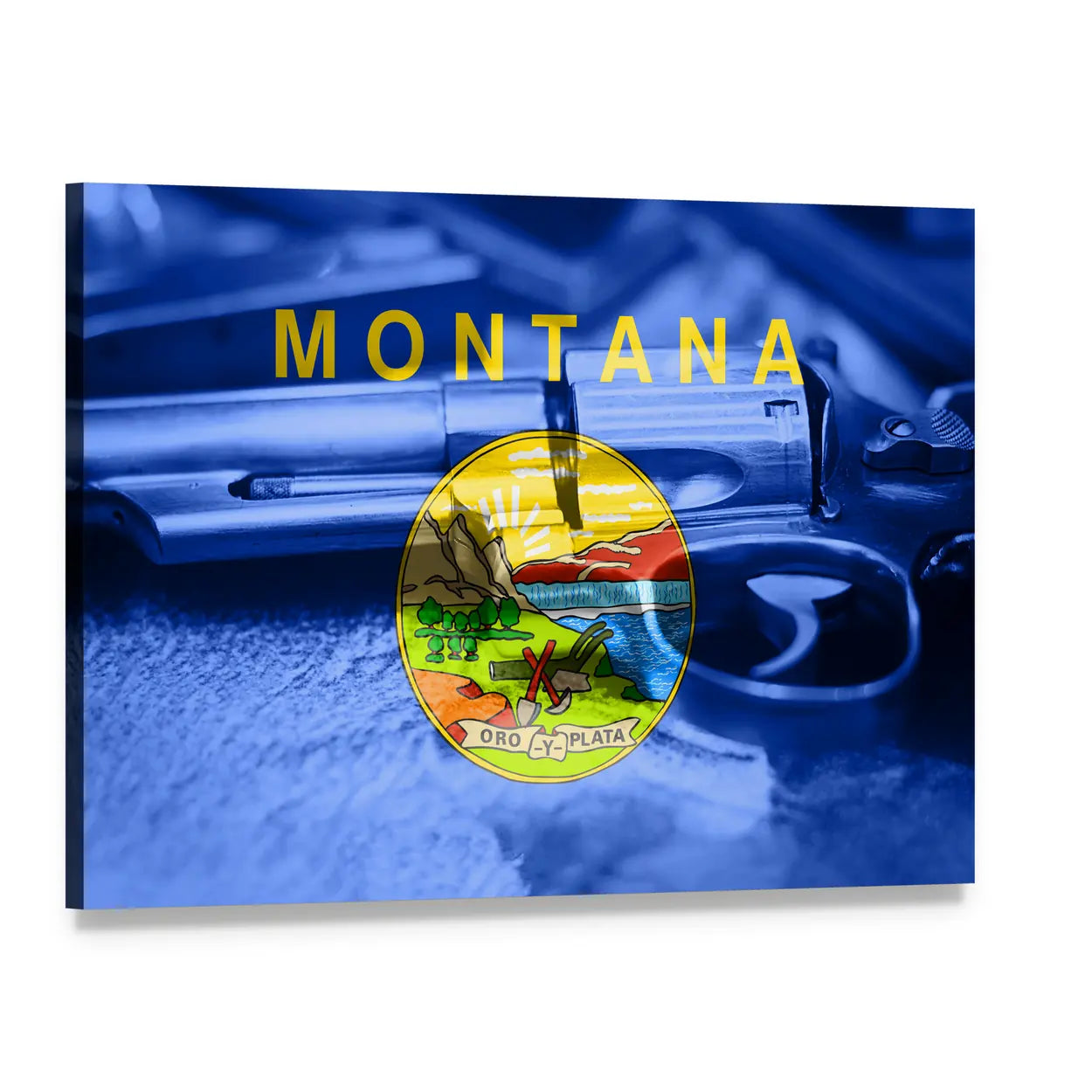 Montana Flag on Revolver Close-up Canvas Wall Art, single panel gallery wrapped canvas, angled product view