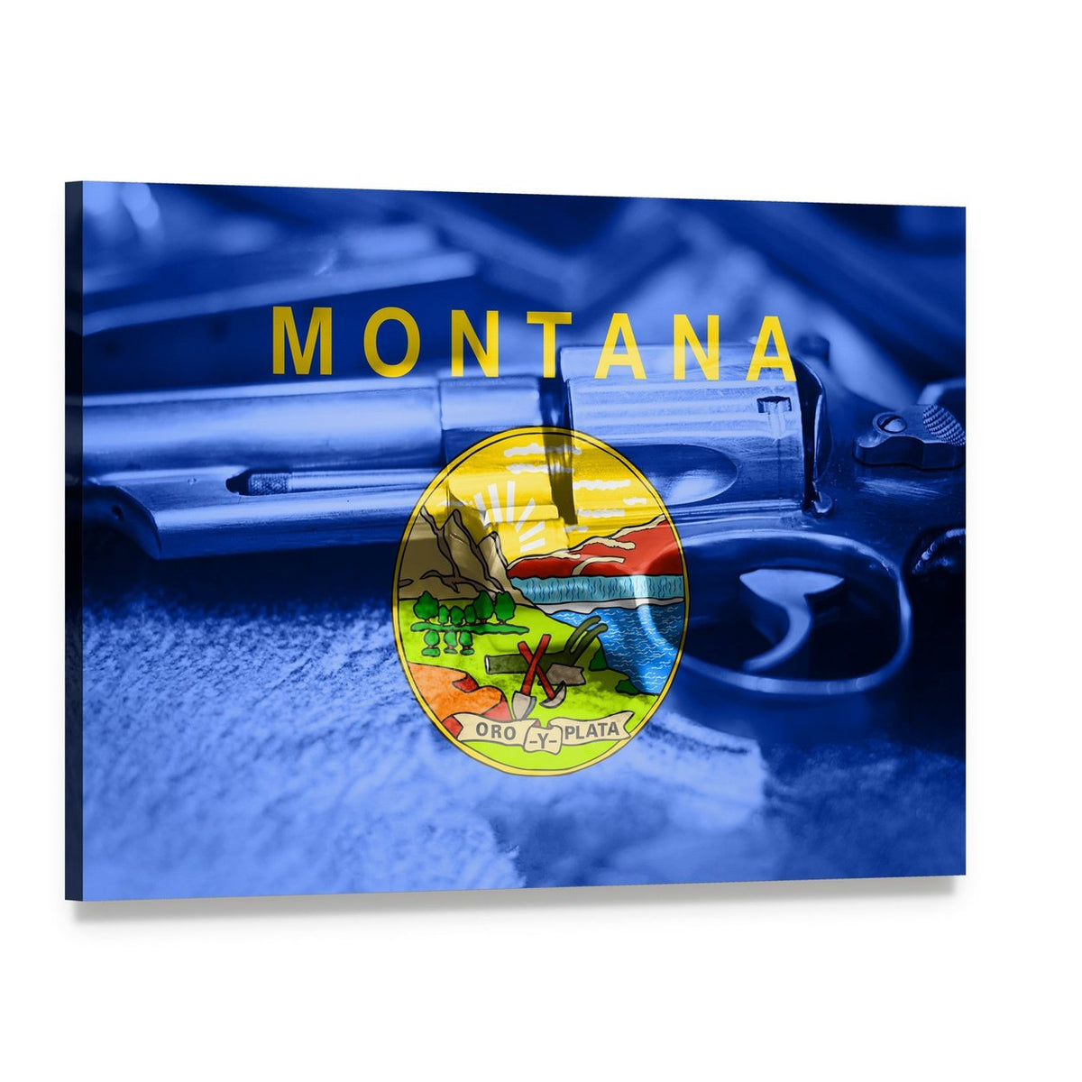 Montana Flag on Firearm Canvas Wall Art, single panel gallery wrapped canvas, angled product view