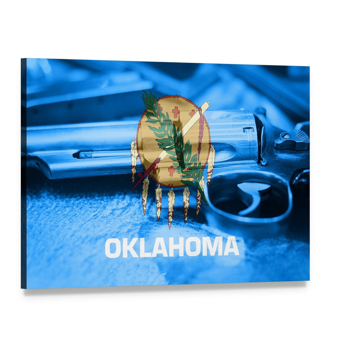 Oklahoma Flag on Gun Slide Canvas Wall Art, single panel gallery wrapped canvas, angled product view