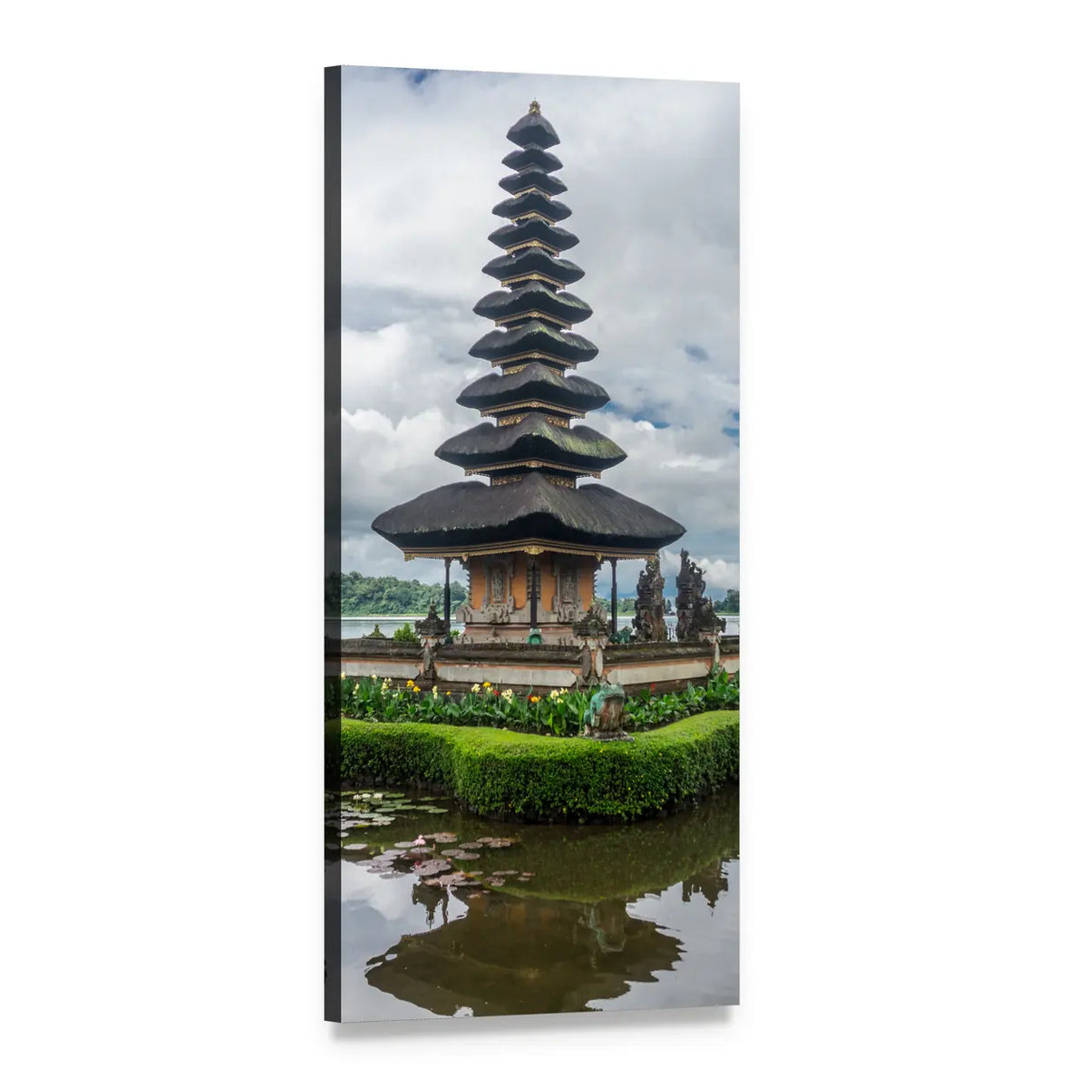 Balinese Meru Hindu Temple Reflection Vertical Canvas Wall Art, 1 panel 1 Vertical layout gallery wrapped canvas set, angled product view