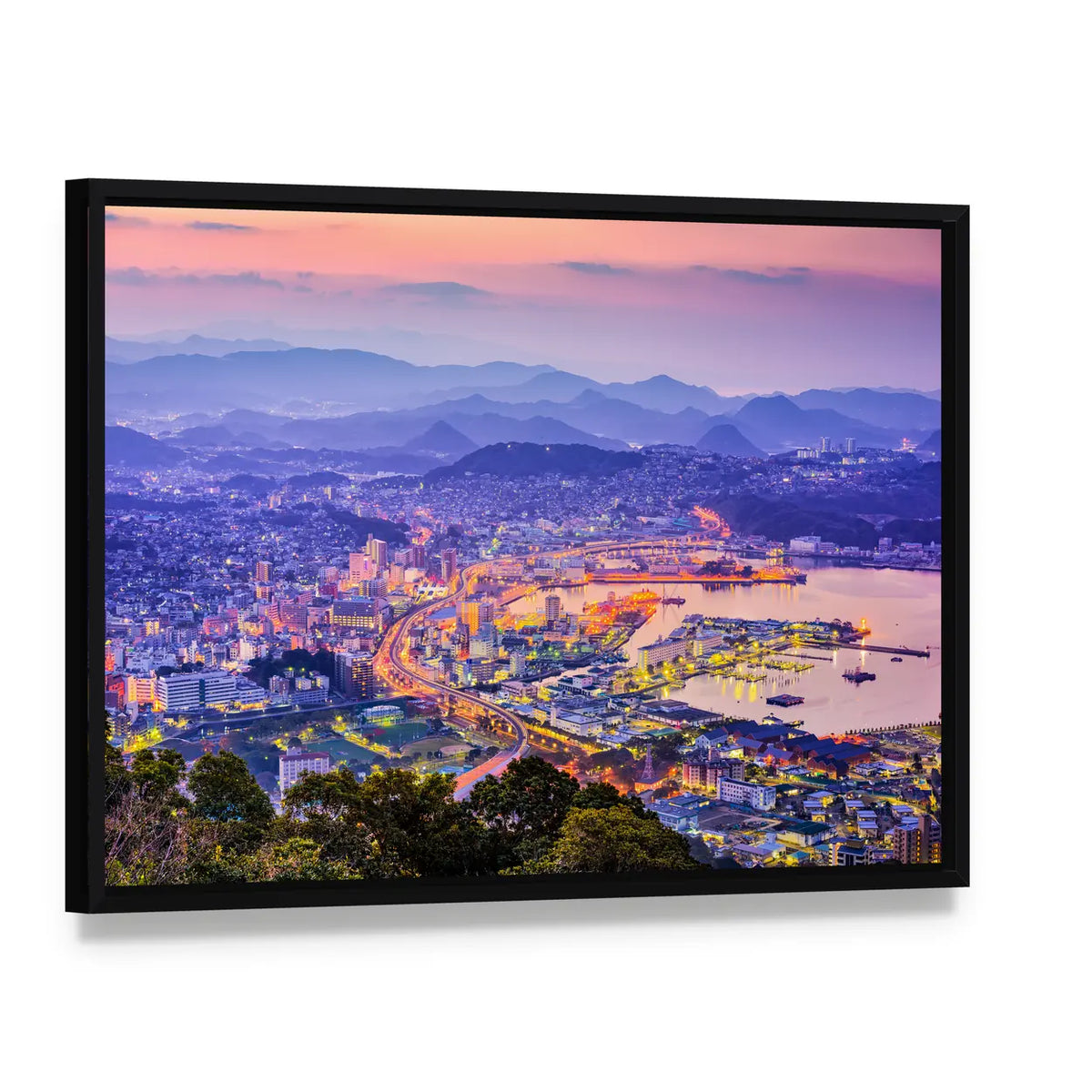 Sasebo Downtown Skyline In Nagasaki Japan Canvas Wall Art, framed canvas in a black floater frame, angled product view
