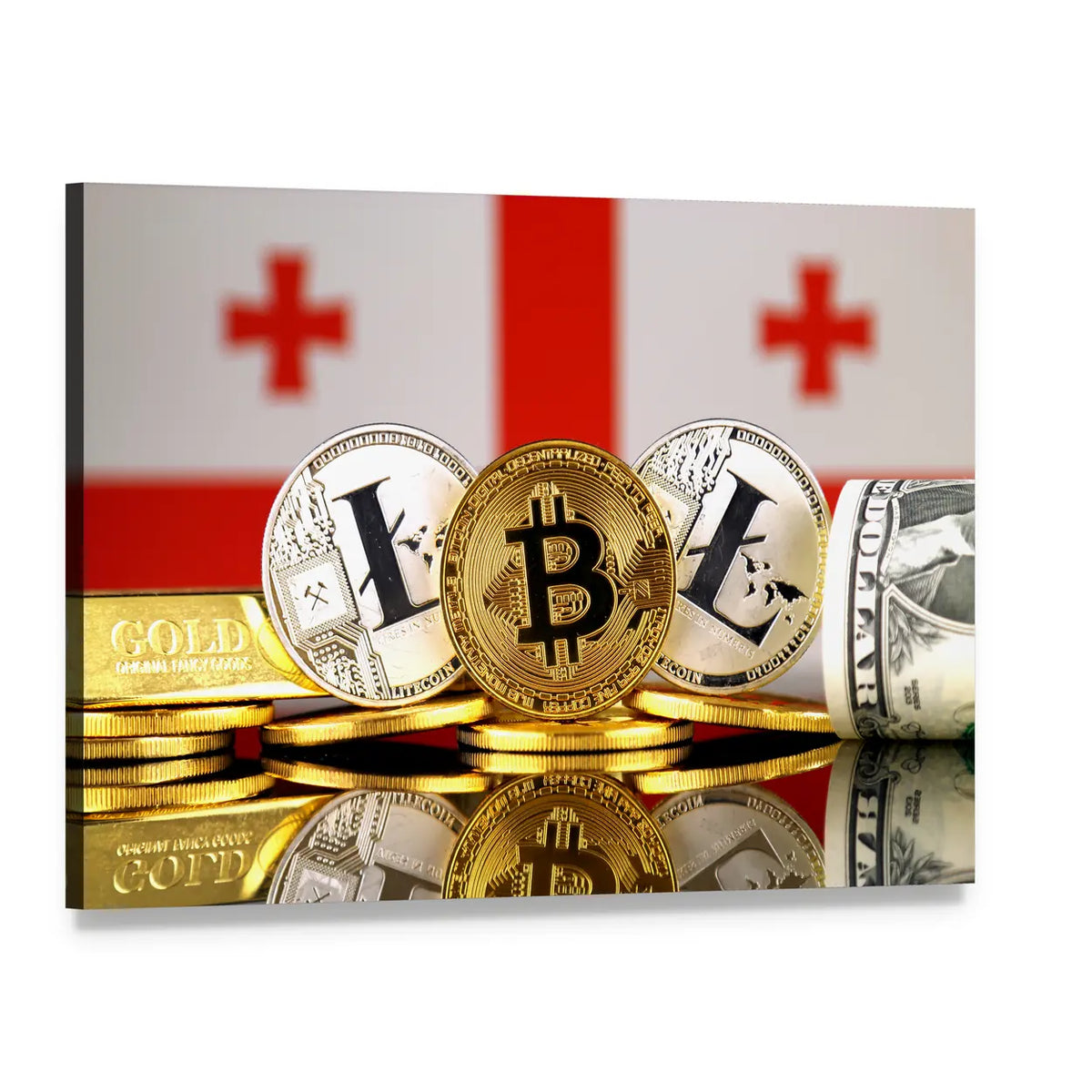 Georgia Flag with Bitcoin and Litecoin Coins Canvas Wall Art, single panel gallery wrapped canvas, angled product view