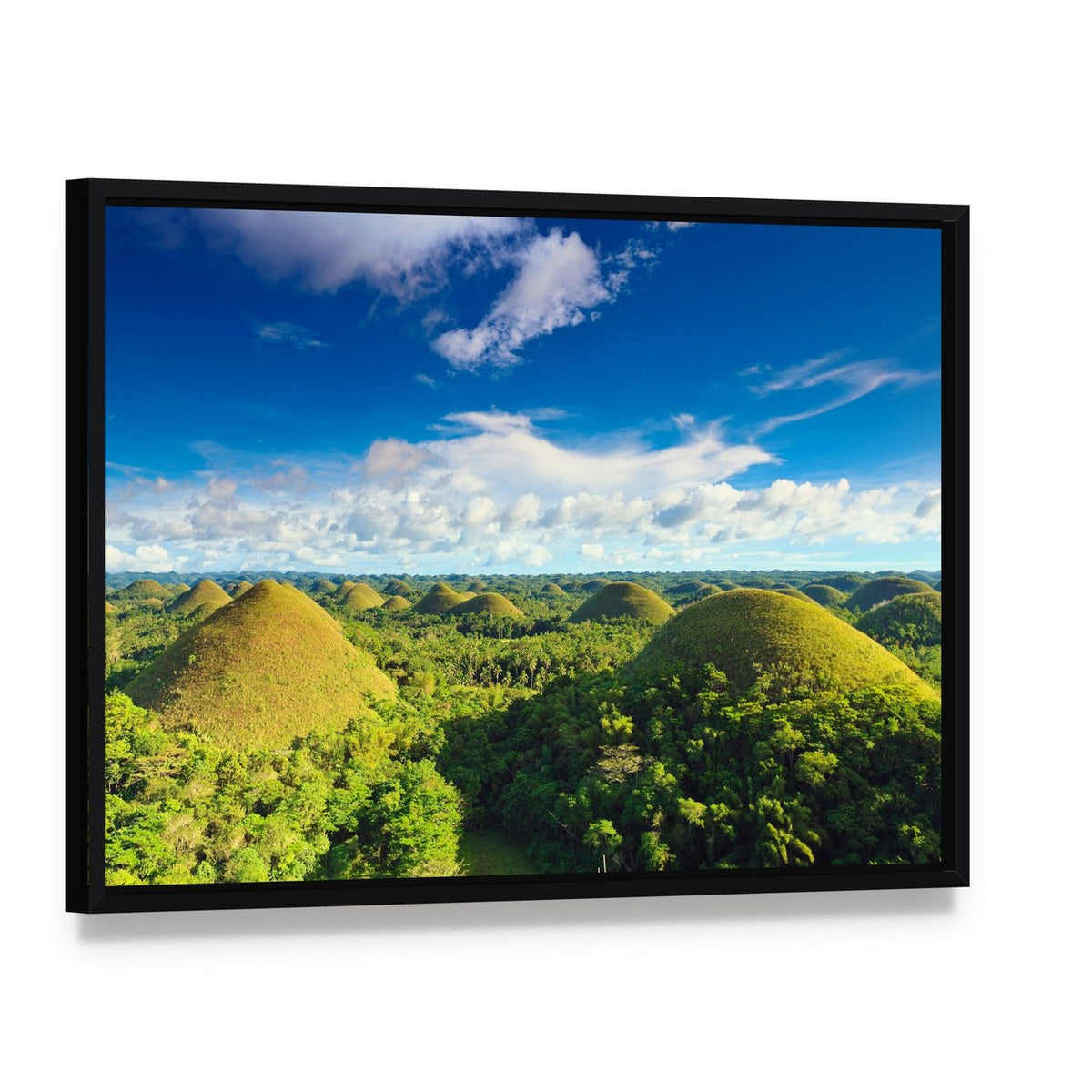 View of Chocolate Hills Bohol Canvas Wall Art, framed canvas in a black floater frame, angled product view