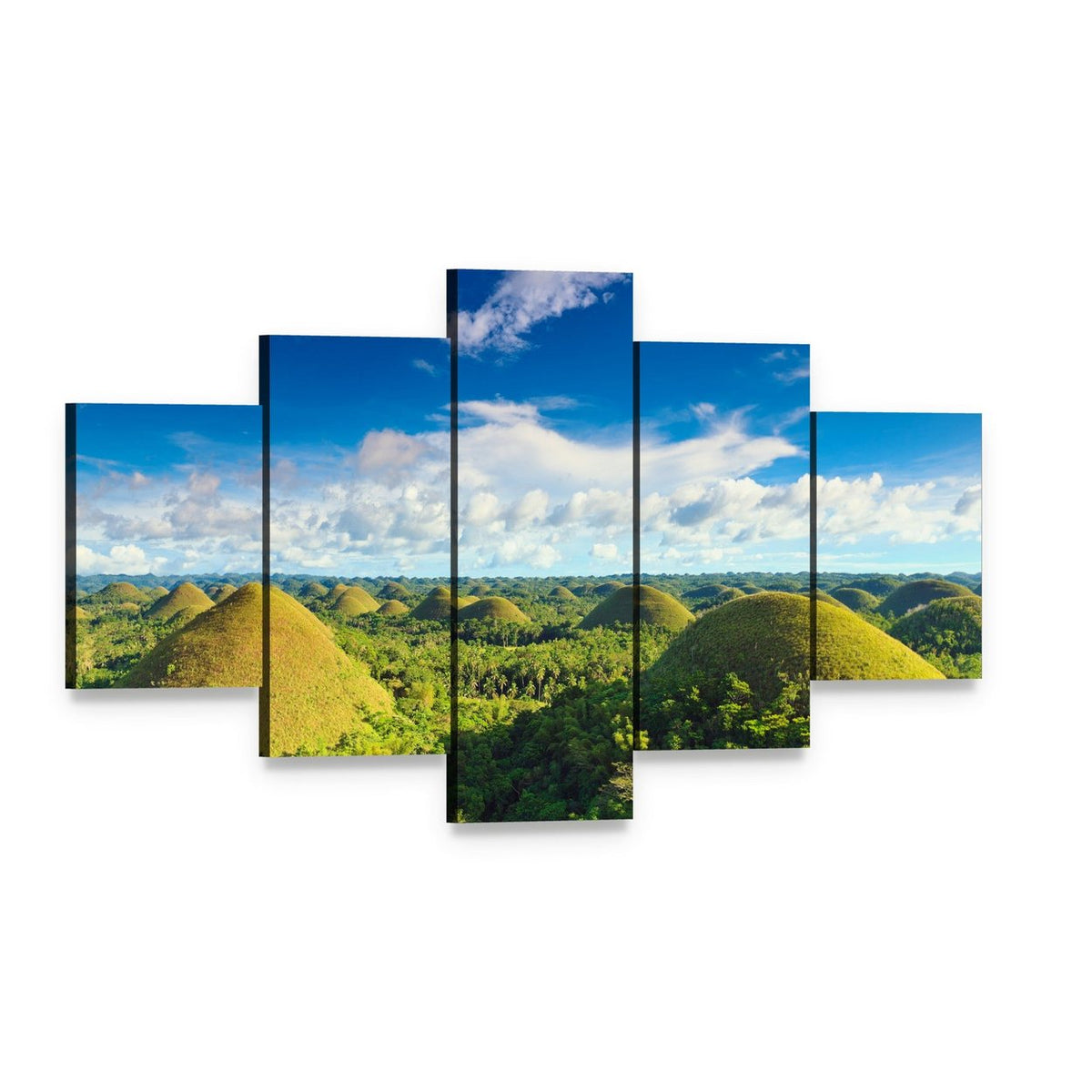 View of Chocolate Hills Bohol Canvas Wall Art, 5 panel 5 Star layout gallery wrapped canvas set, angled product view