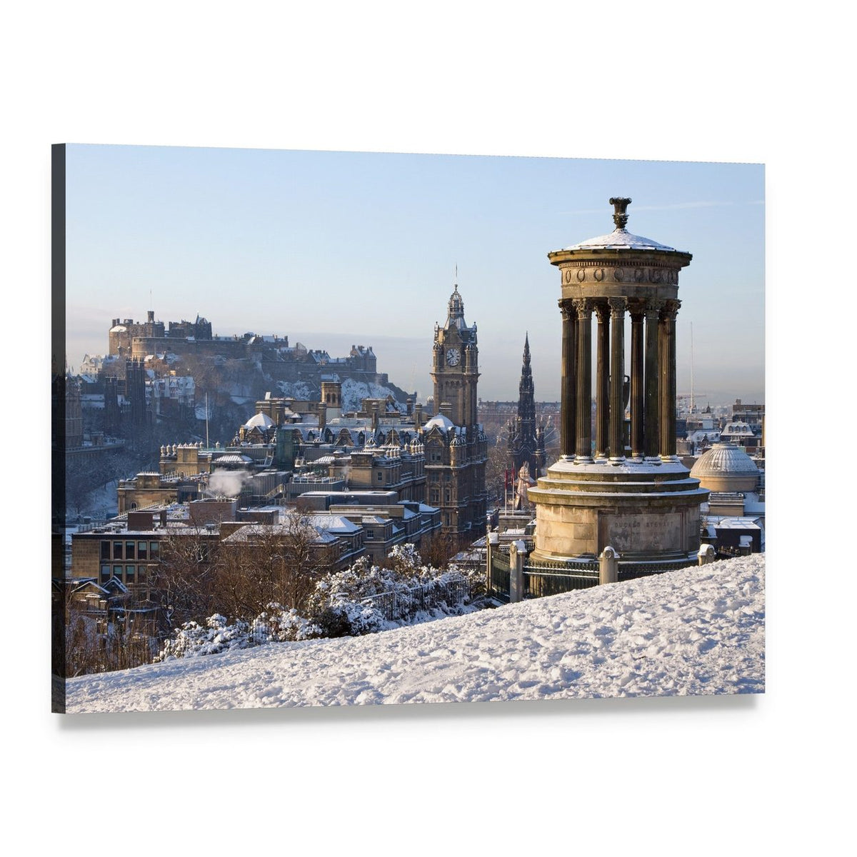 Snowy Edinburgh Cityscape with Monuments Canvas Wall Art, single panel gallery wrapped canvas, angled product view