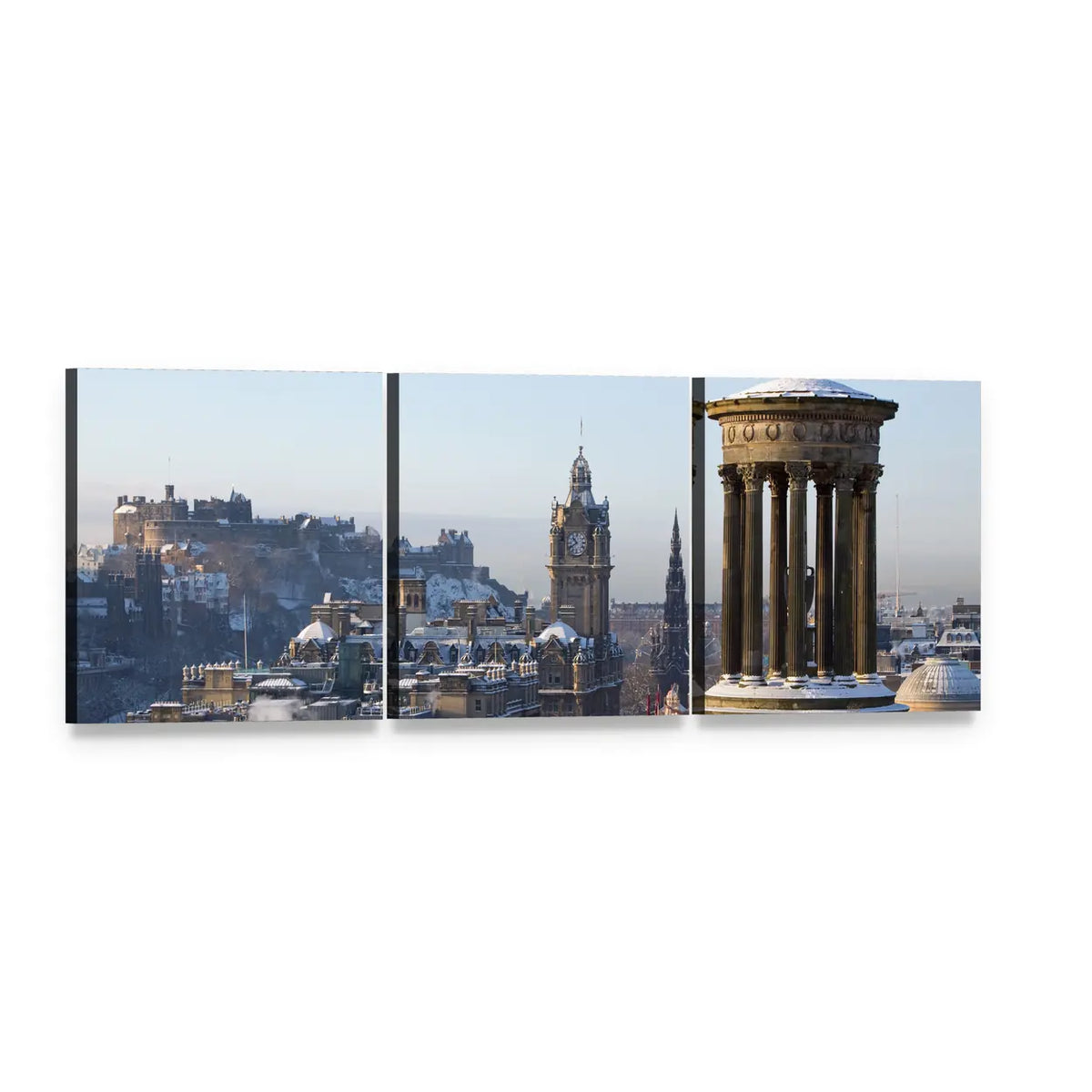 Edinburgh Skyline with Castle and Dugald Stewart Monument Panoramic Canvas Wall Art, 3 panel 3 Piece layout gallery wrapped canvas set, angled product view