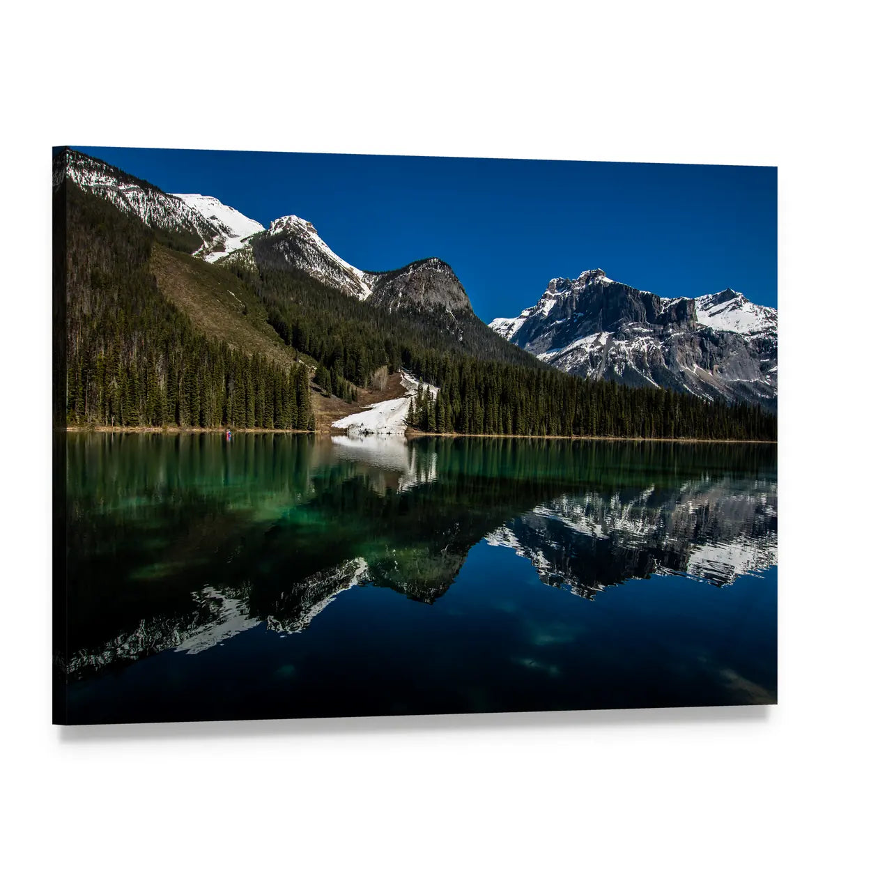 Snow on Emerald Lake Canvas Wall Art, single panel gallery wrapped canvas, angled product view