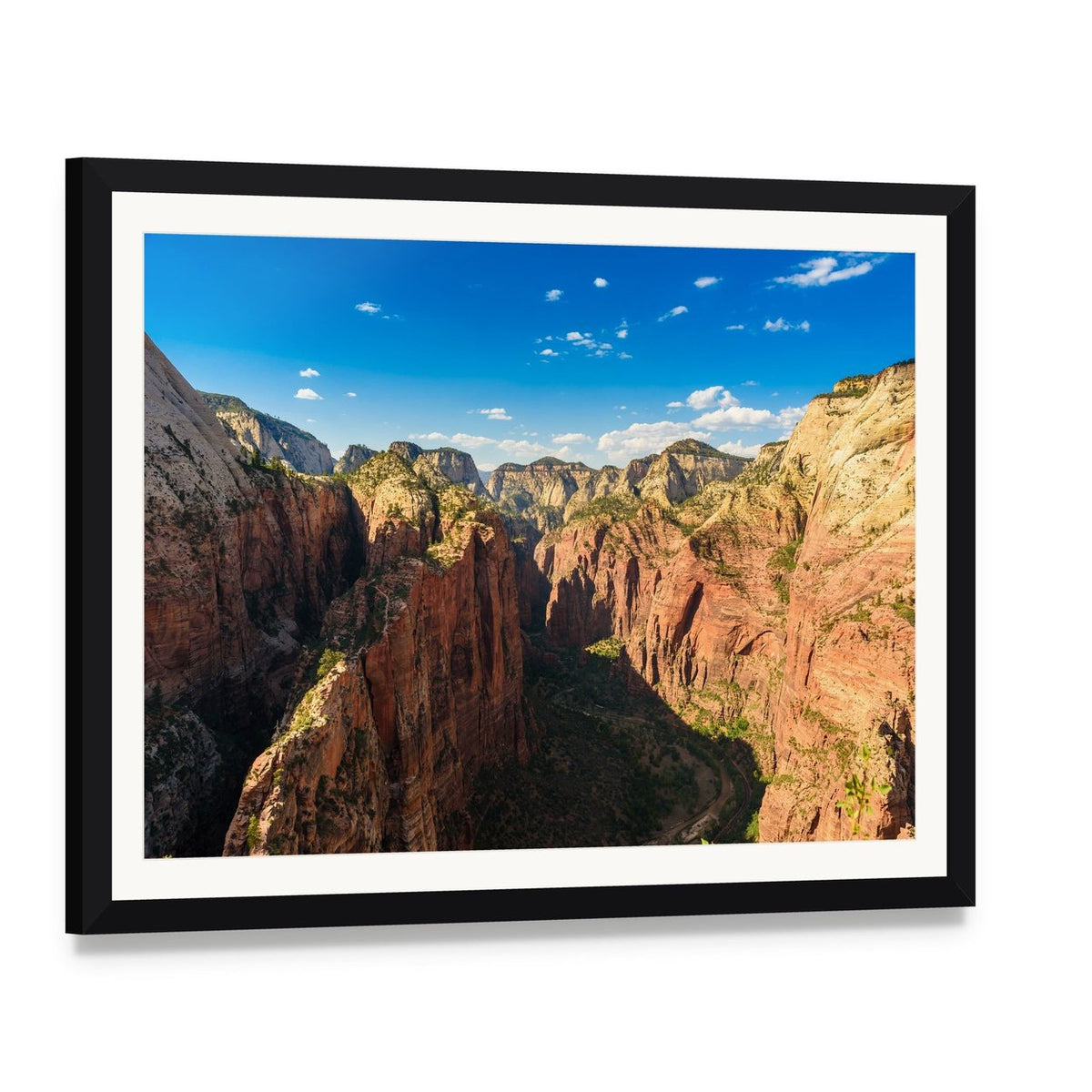 Ridge Walk in Zion National Park Canvas Wall Art, framed print with white mat and black frame, angled product view