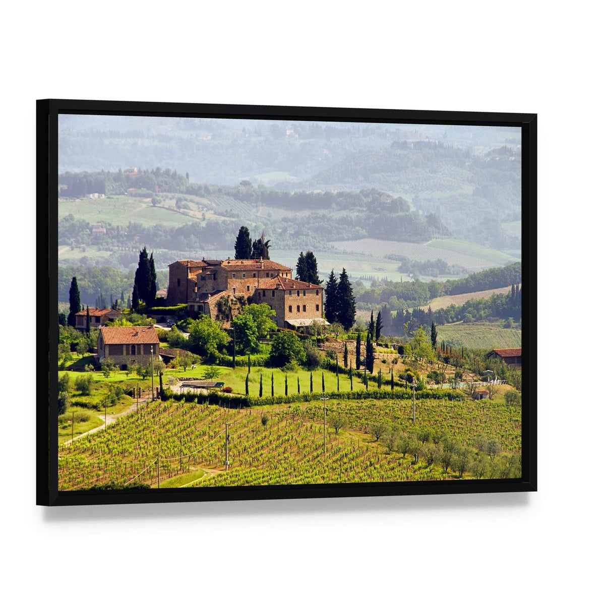Tuscan Vineyard View Canvas Wall Art, framed canvas in a black floater frame, angled product view