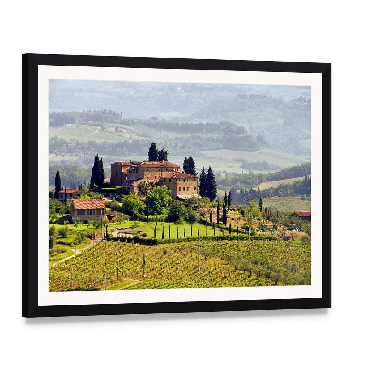Tuscan Vineyard View Canvas Wall Art, framed print with white mat and black frame, angled product view