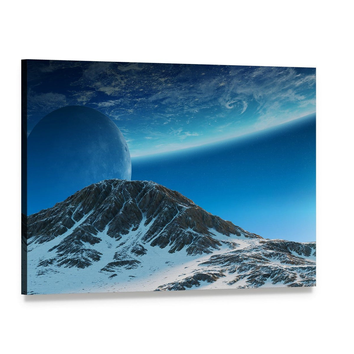 Exoplanet Moon Over Snow-capped Mountain Canvas Wall Art, single panel gallery wrapped canvas, angled product view