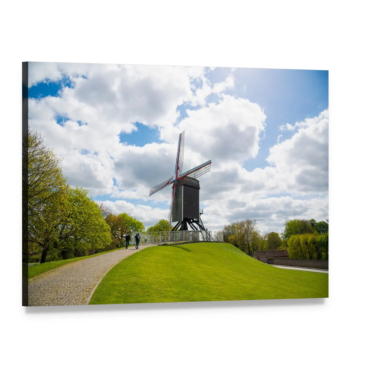 Traditional Wooden Windmill in Bruges Canvas Wall Art, single panel gallery wrapped canvas, angled product view