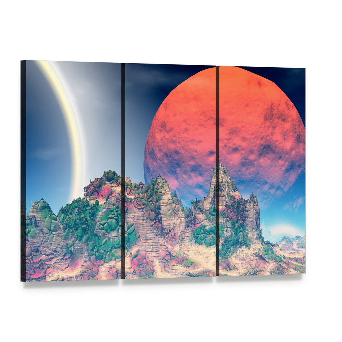 Alien World with Ringed Red Planet Canvas Wall Art, 3 panel 3 Horizontal layout gallery wrapped canvas set, angled product view